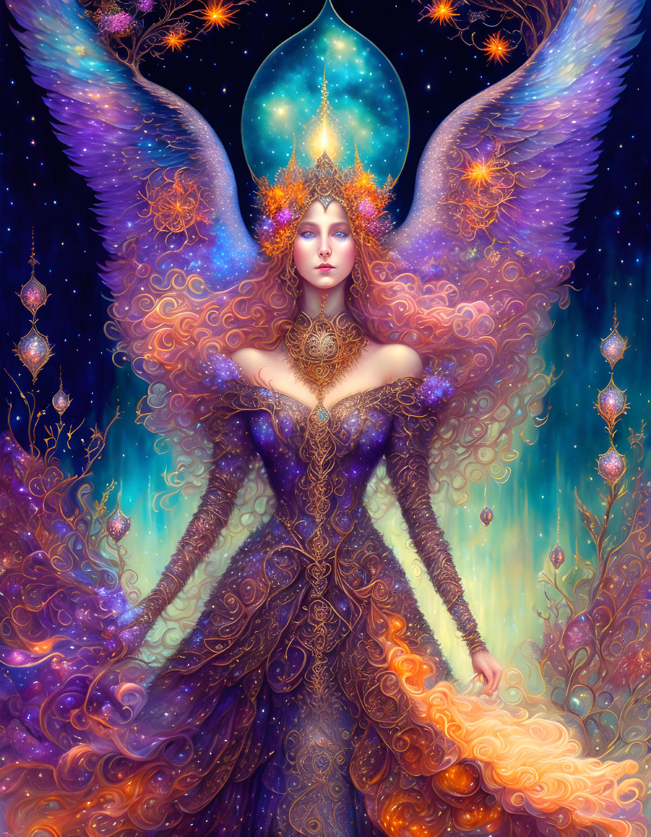 Majestic winged female figure in cosmic attire against starlit backdrop