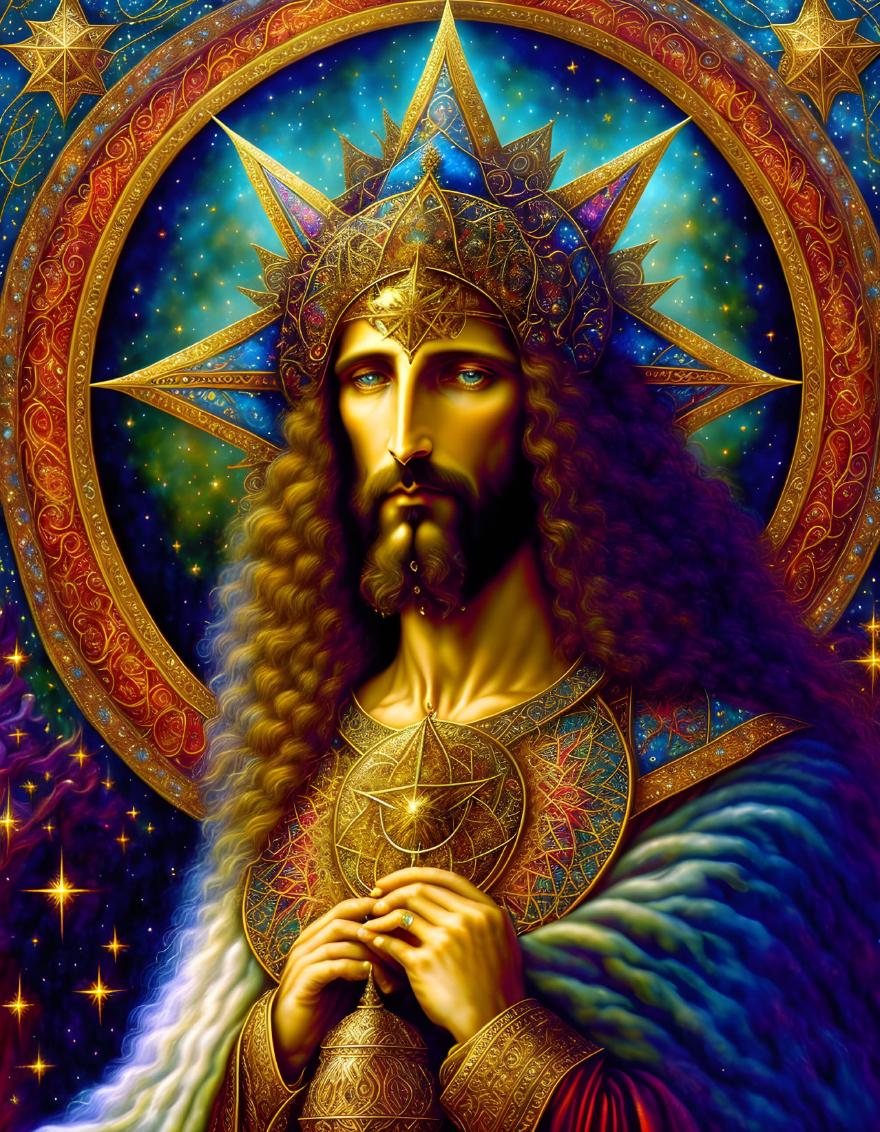 Regal figure with golden crown and celestial background