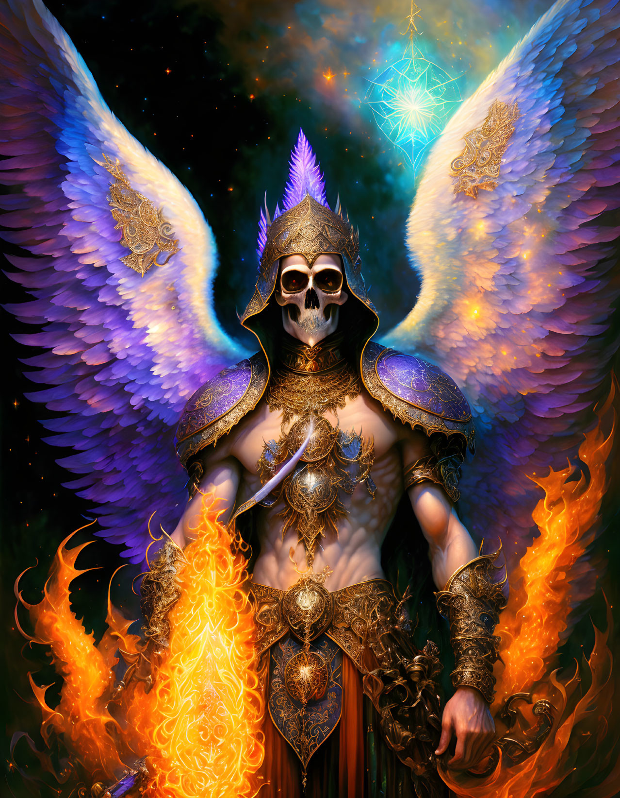 Skull-faced angel in golden armor with fiery hands and blue wings