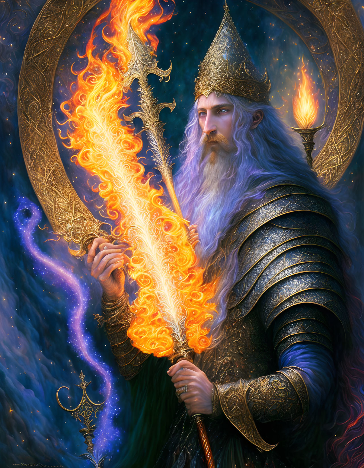 Majestic wizard with flaming sword and staff in cosmic setting