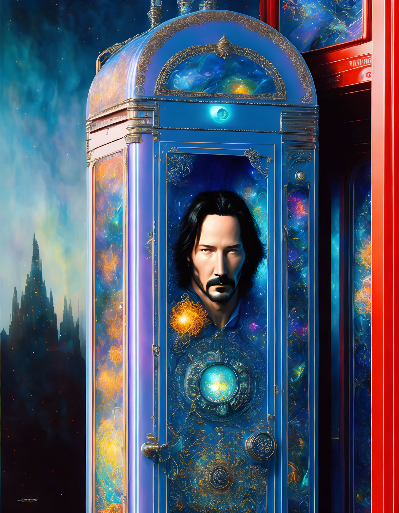 Fantasy-themed illustration of cosmic phone booth with male figure