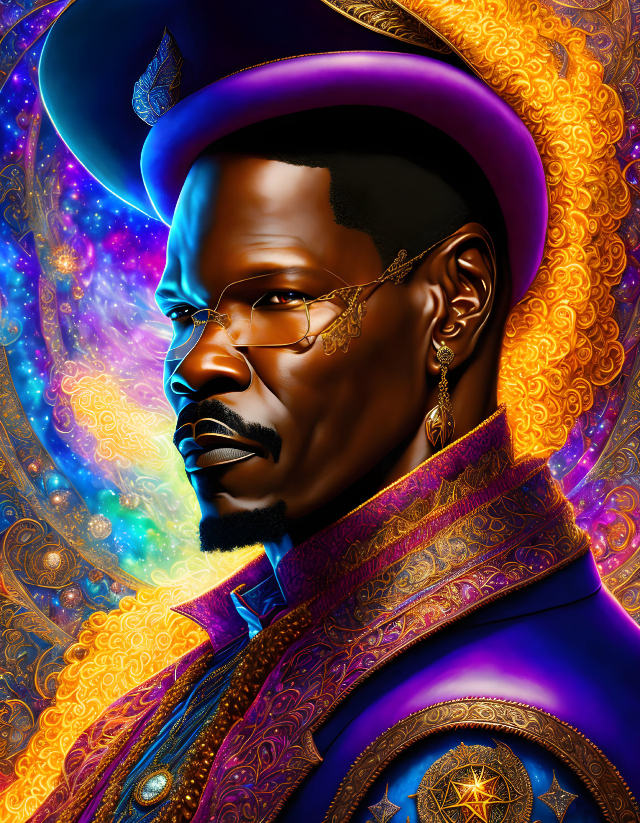 Detailed portrait of man with goatee in regal attire against cosmic backdrop