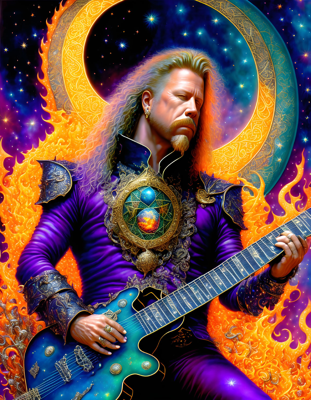 Regal figure with long hair holding guitar against vibrant fiery backdrop