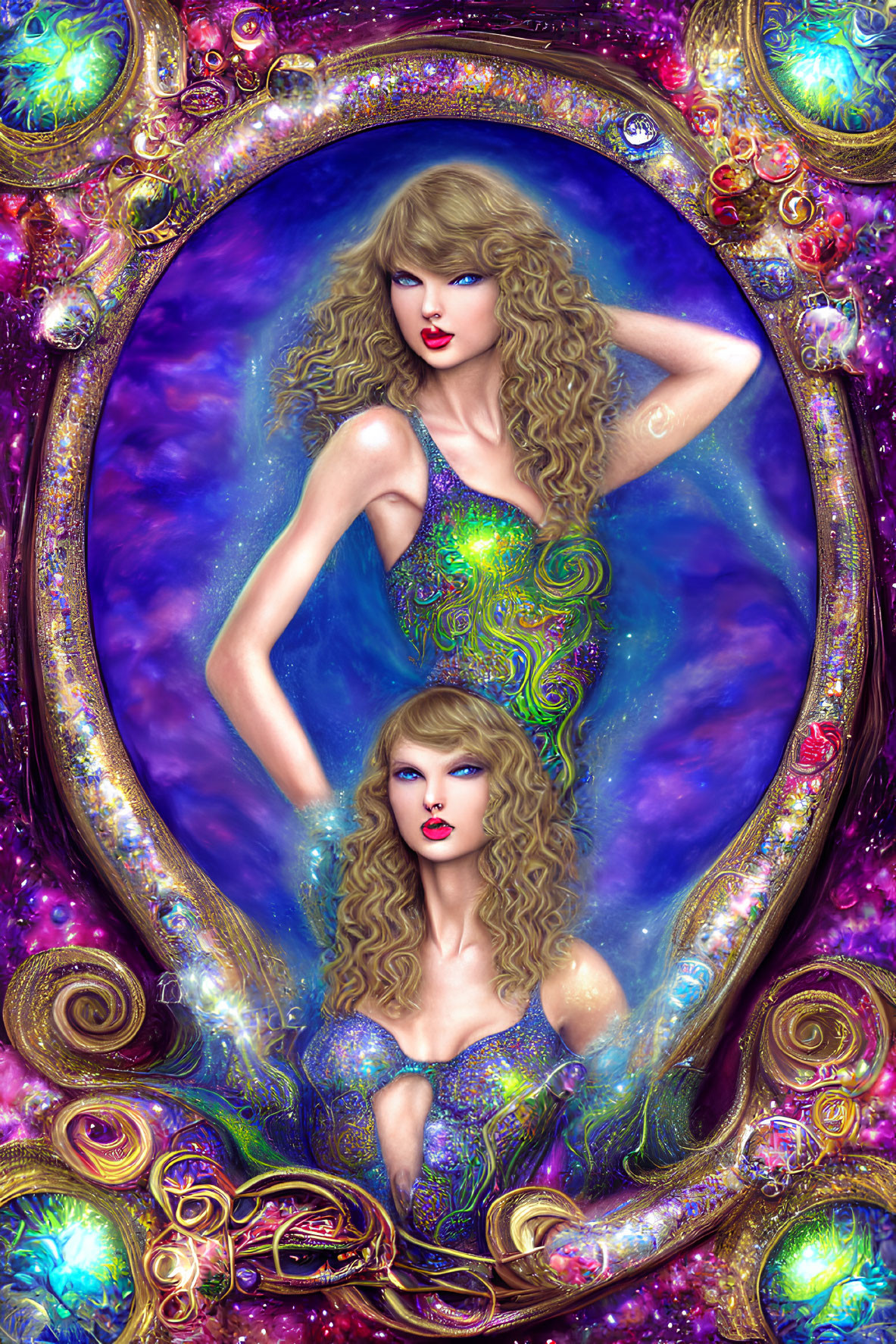 Glamorous Woman in Sequined Dresses with Cosmic Background
