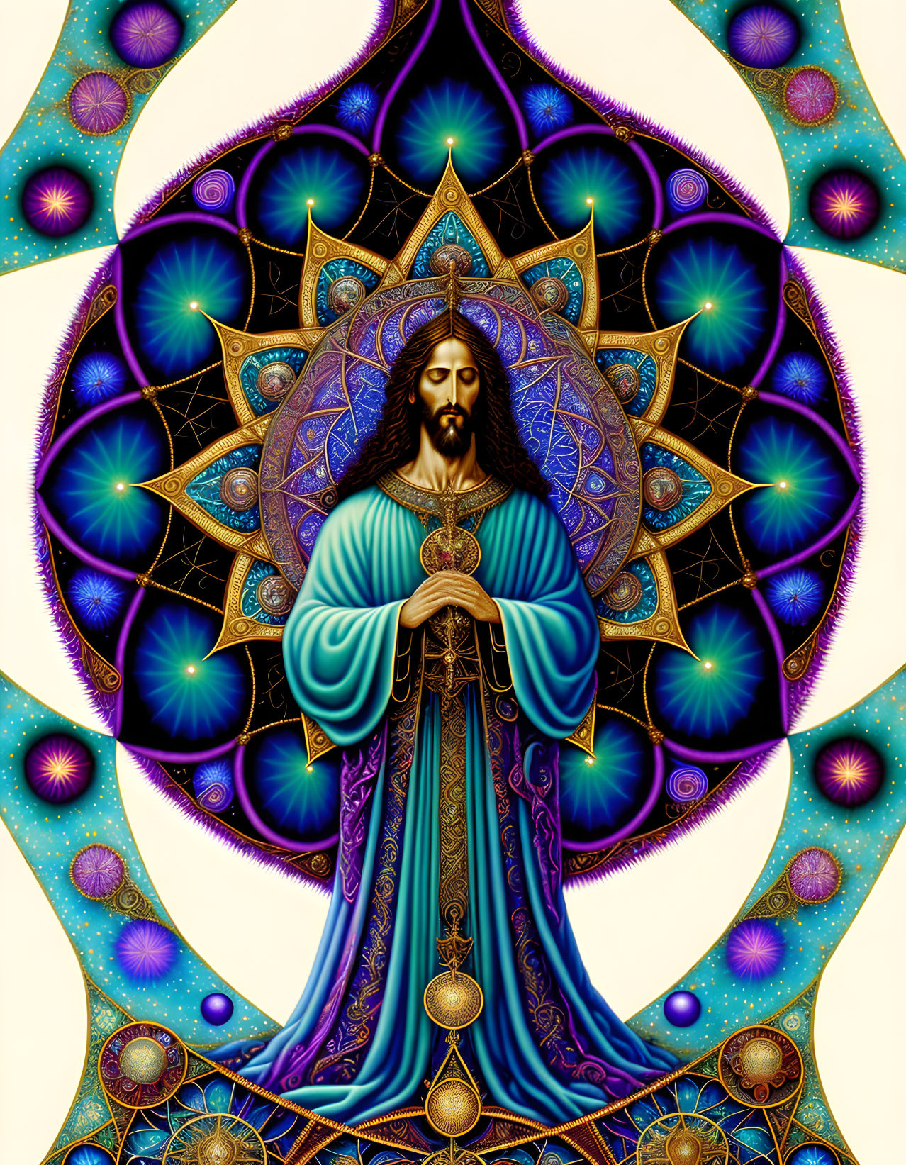 Religious Figure in Luminous Mandala with Cosmic Details