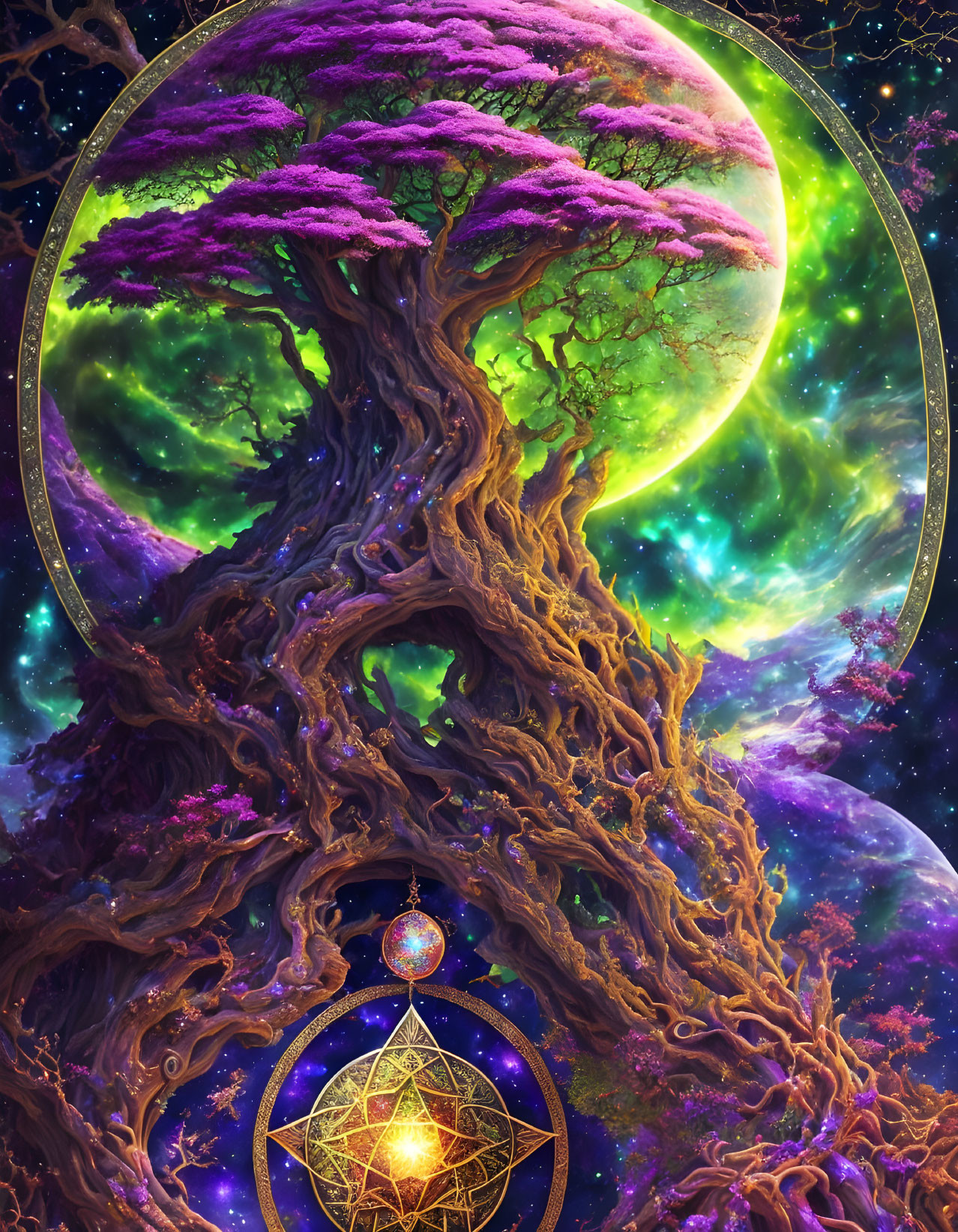 Colorful cosmic illustration: Majestic tree with purple foliage, intricate branches, mystical symbols, green neb