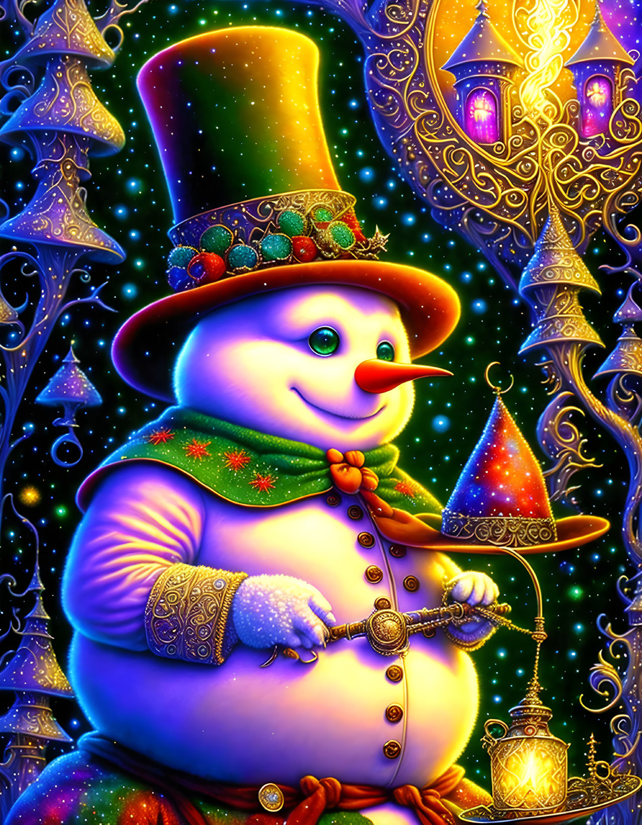 Festive snowman with lantern and top hat in colorful winter scene