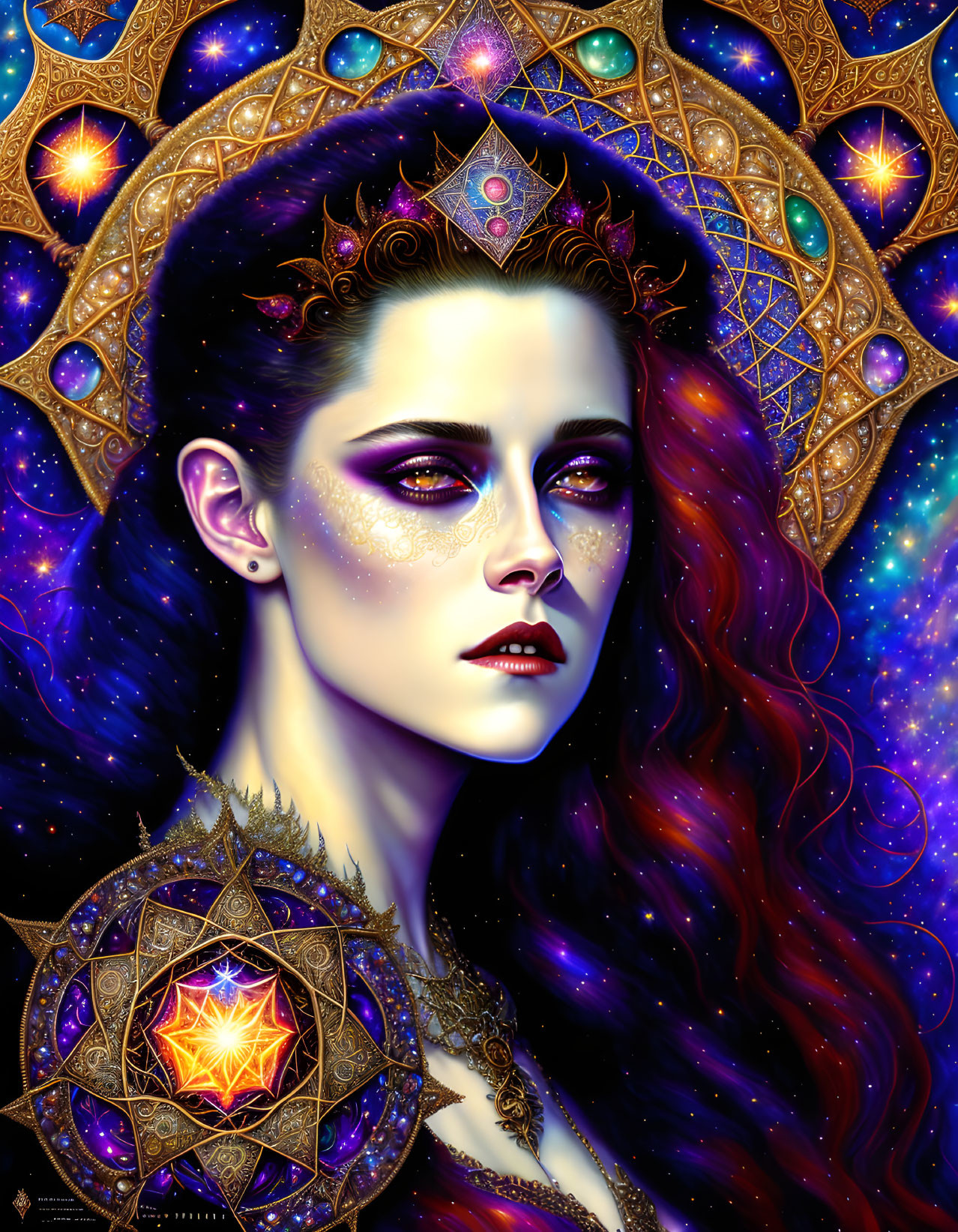 Fantasy queen digital portrait with cosmic background and red hair