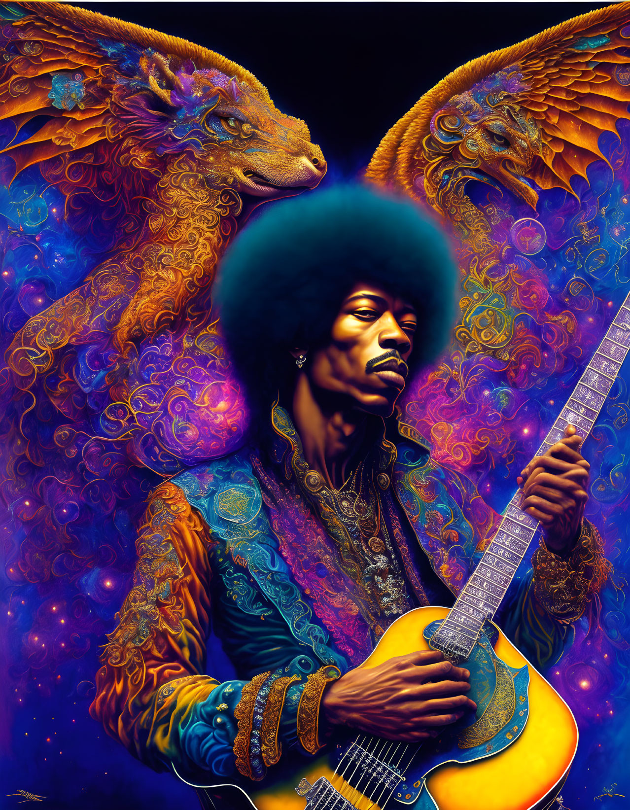 Colorful Psychedelic Art: Man with Afro Playing Guitar Amid Dragon-Like Creatures