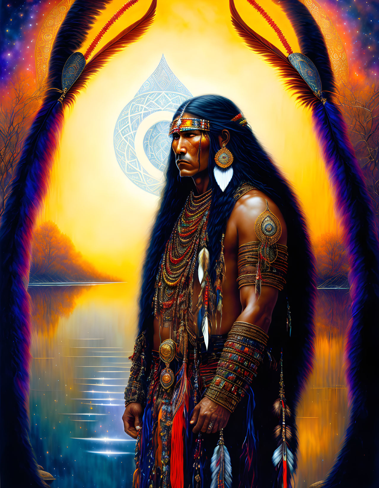 Native American Chief Illustration with Headdress and Sunset Symbolism