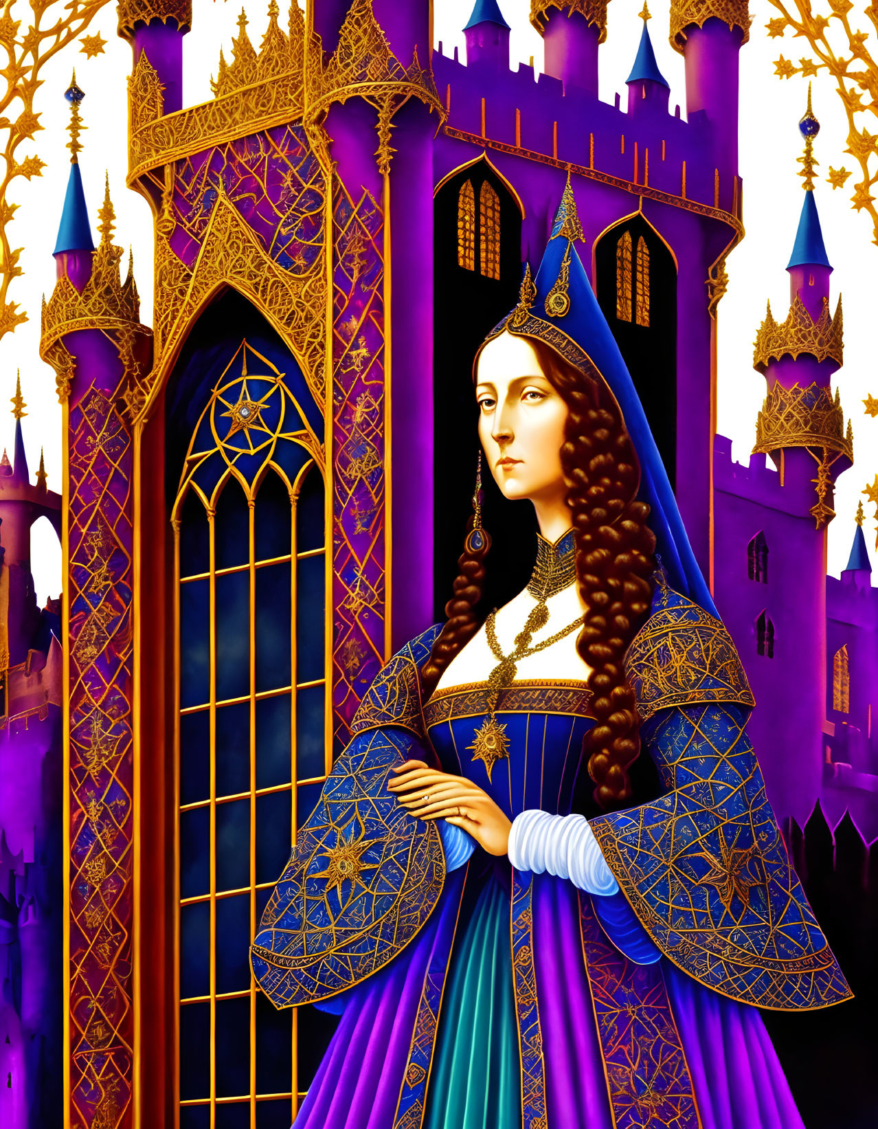 Regal woman in blue period dress with headdress in front of gothic castle.