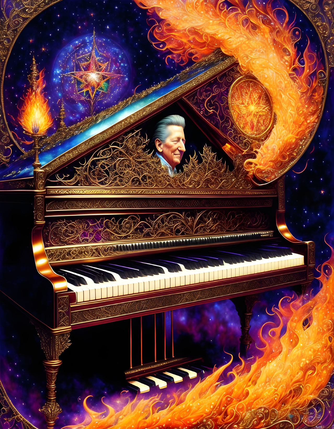 Colorful Artwork: Grand Piano & Man's Portrait in Cosmic Setting