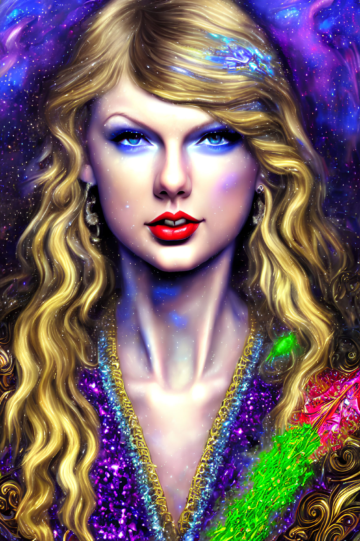 Blonde Curly-Haired Woman in Cosmic Setting with Glittery Outfit