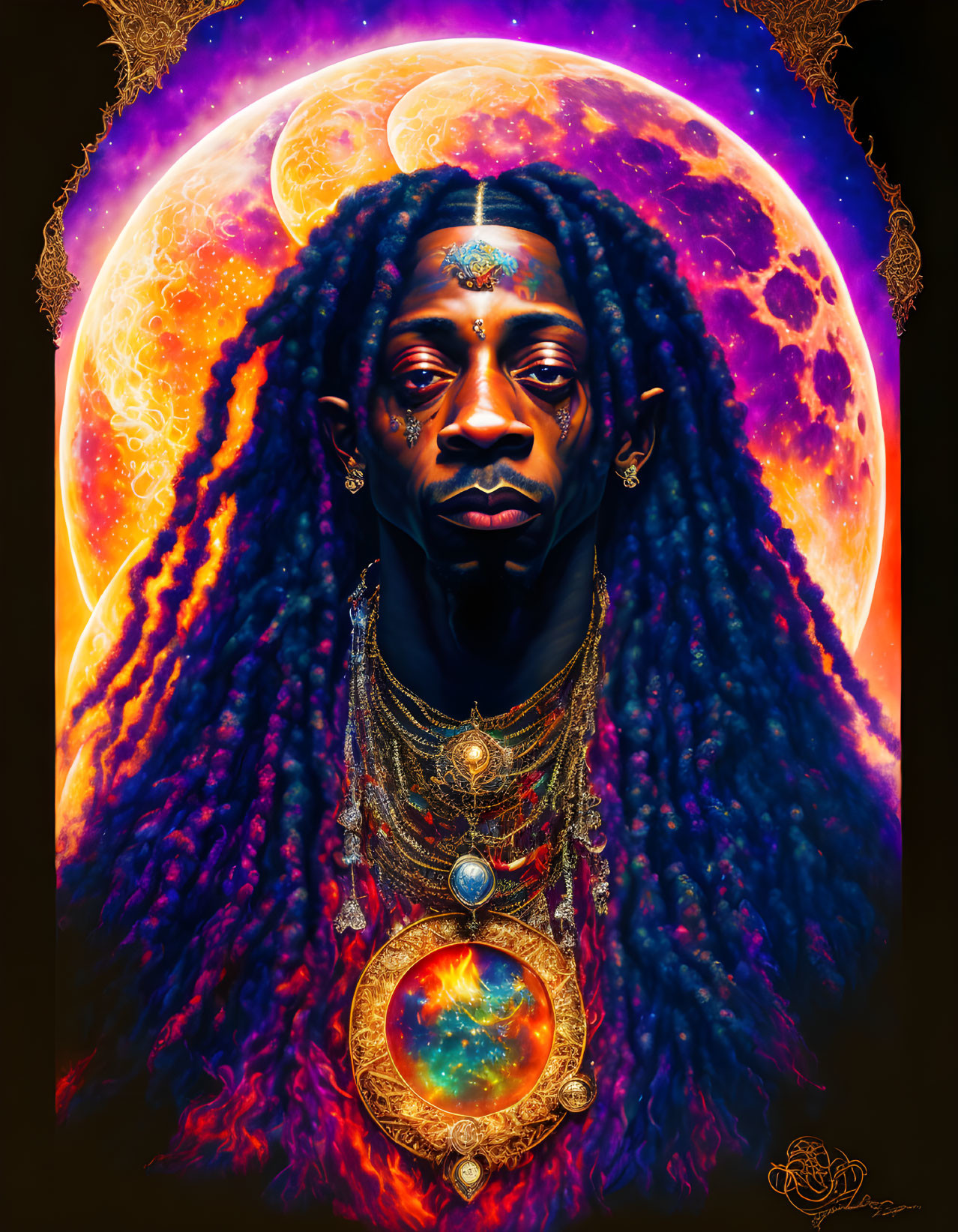 Mystical figure with dreadlocks and cosmic backdrop