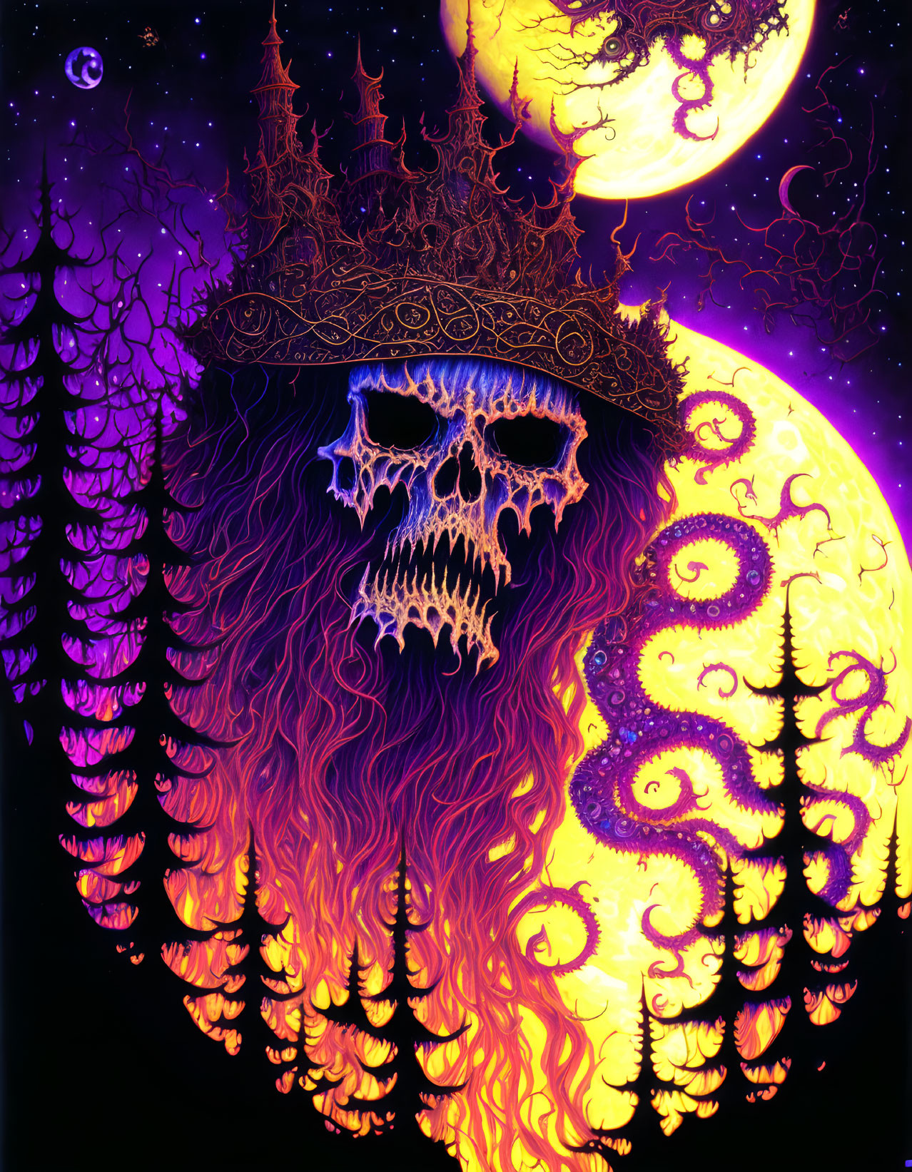 Skull with fiery beard and crown on dual moons backdrop