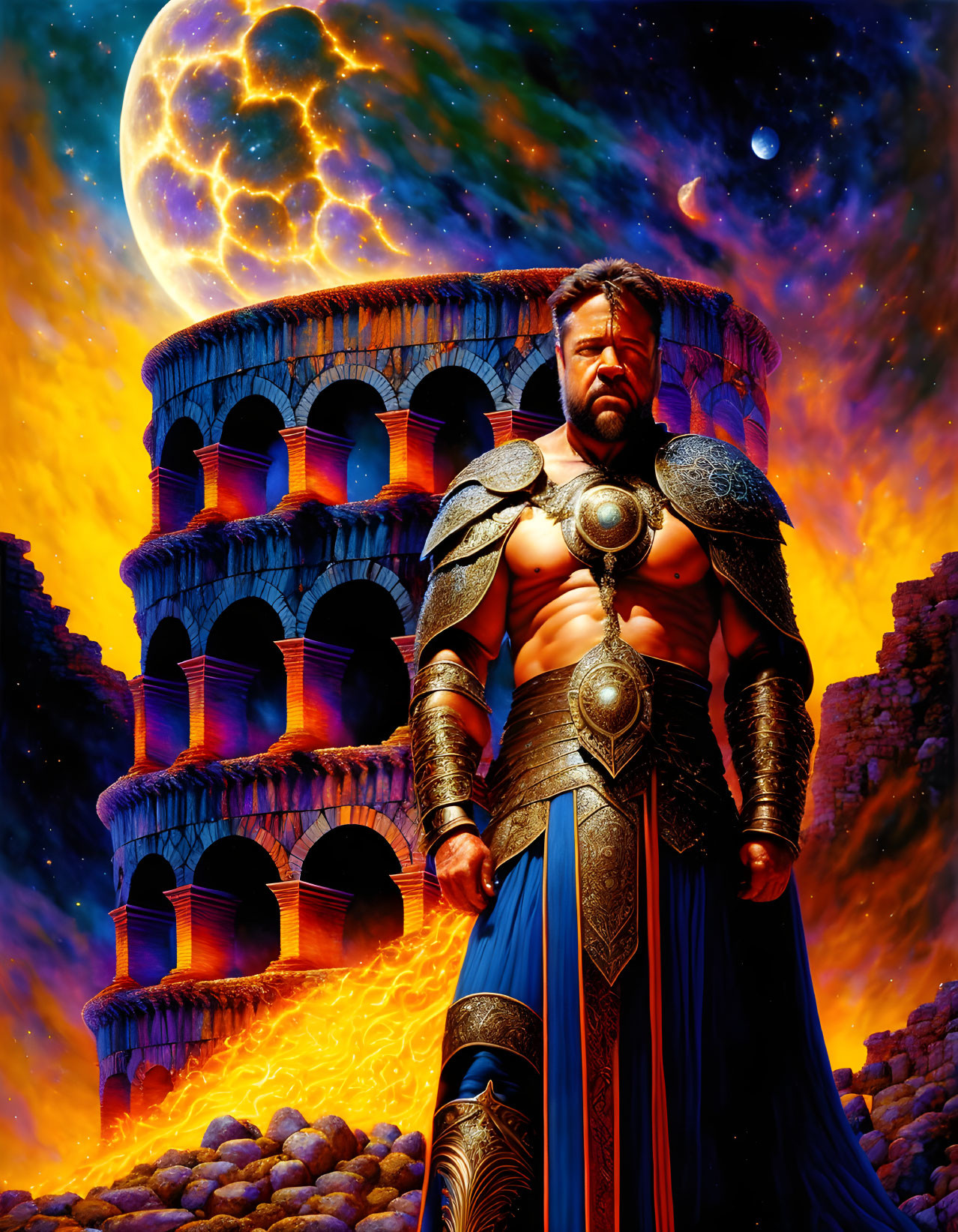 Muscular warrior in ornate armor before coliseum with fiery sky