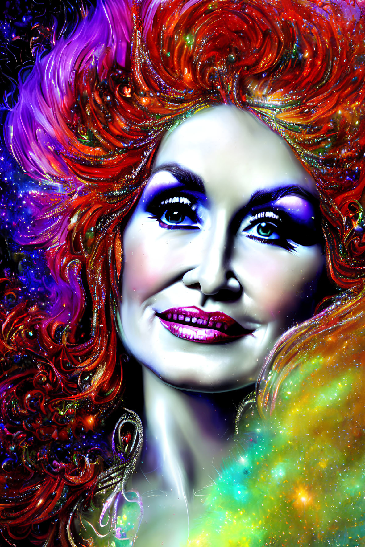 Colorful digital portrait of a woman with red hair and cosmic makeup.