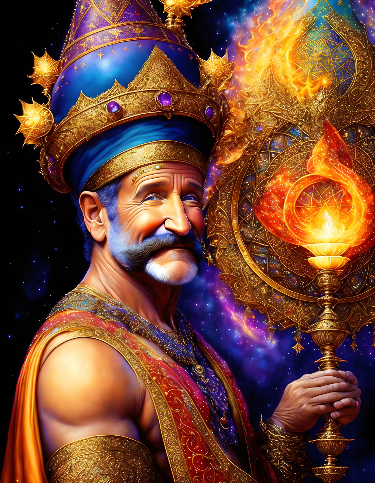 Regal wizard with glowing staff in cosmic scene