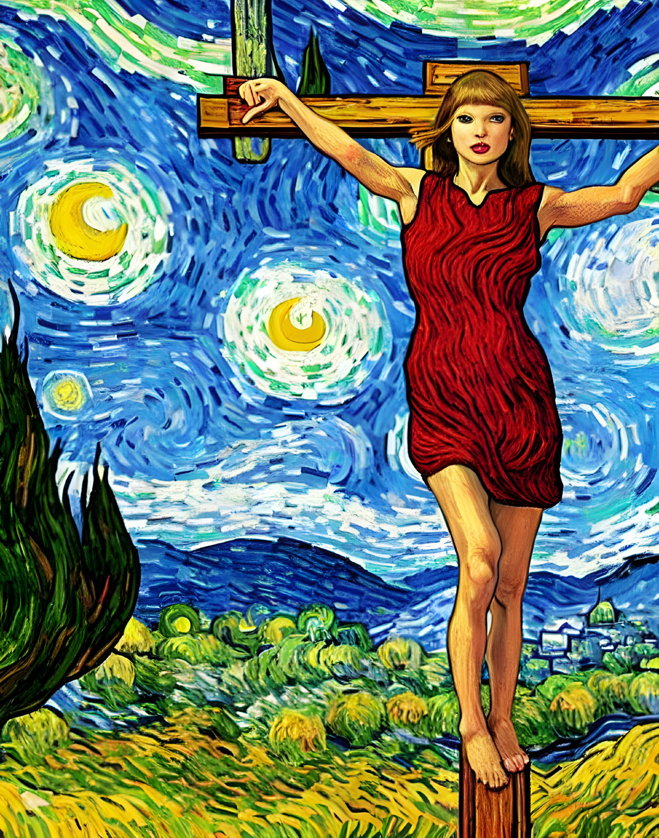 Woman in red dress on wooden cross under night sky