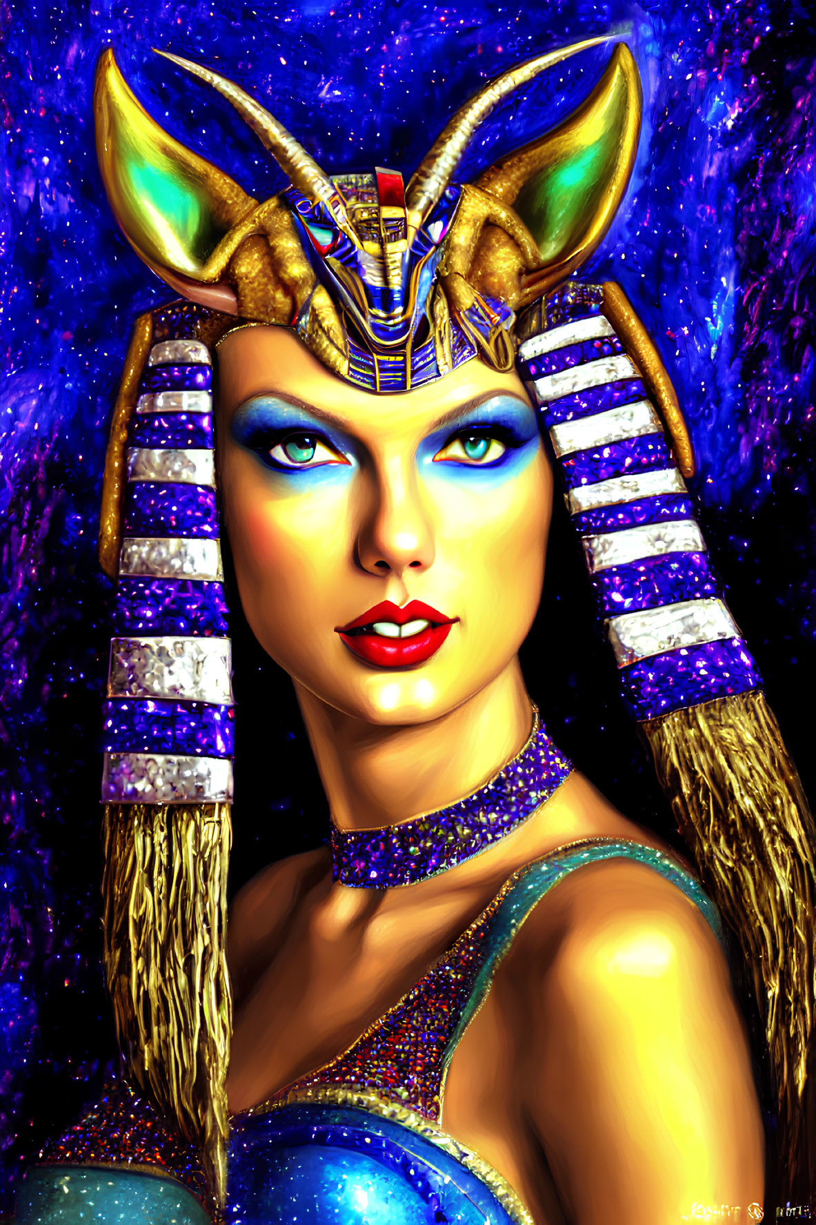 Colorful digital portrait of woman with Egyptian headdress against cosmic backdrop