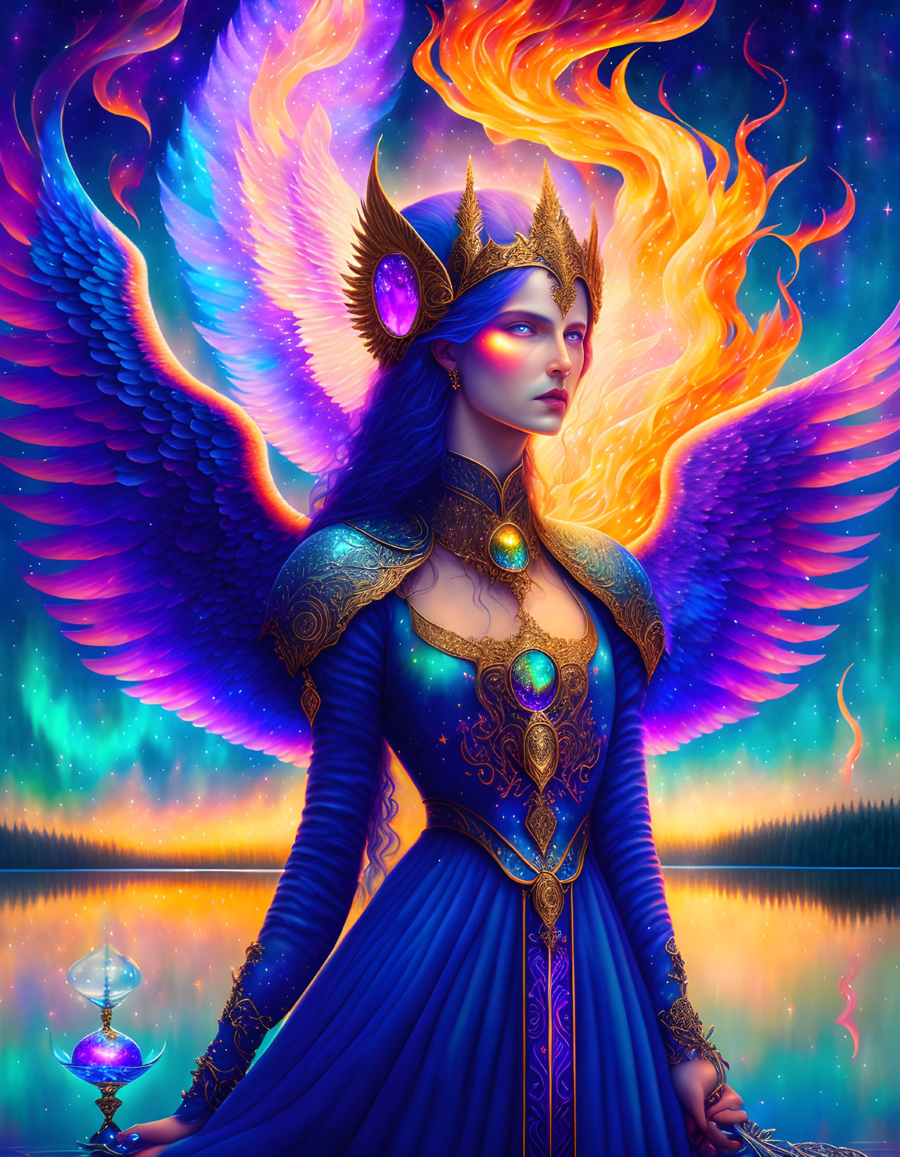 Majestic winged fantasy character in blue and gold attire against twilight sky and reflective lake