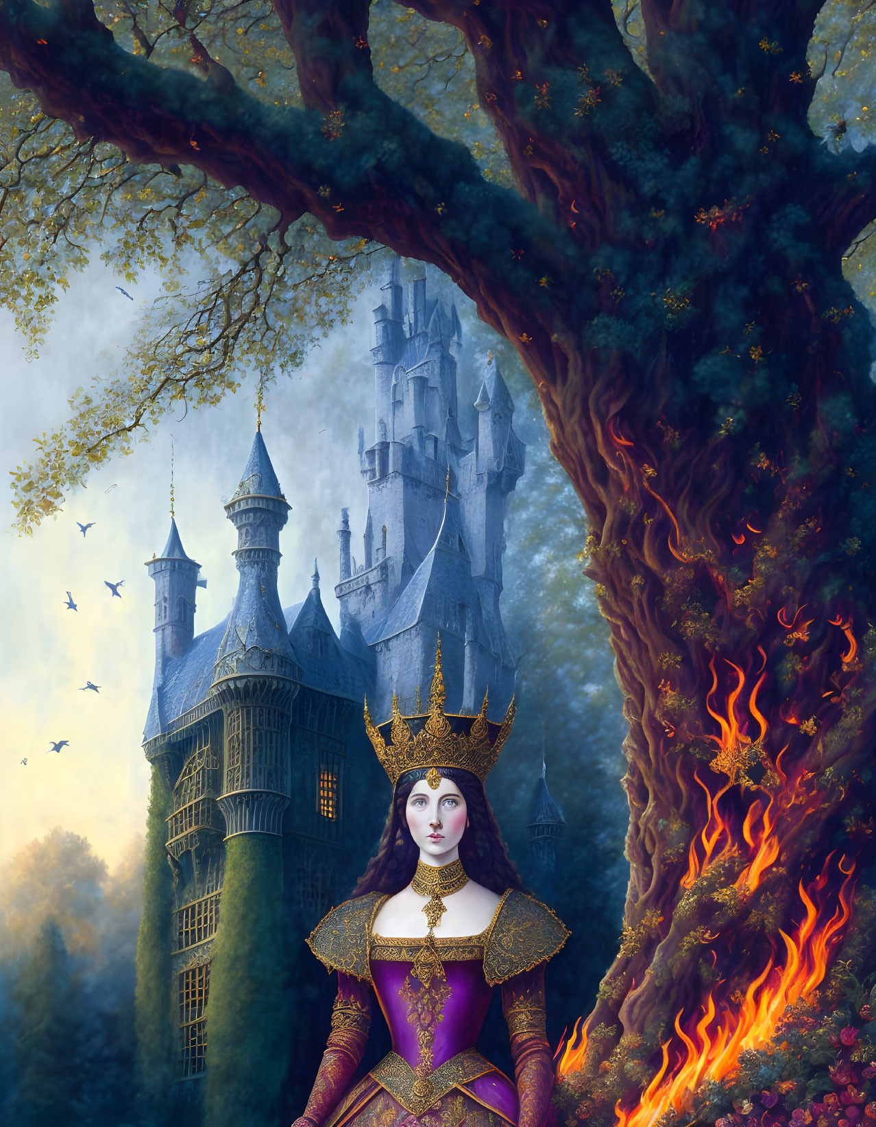 Regal Woman in Purple and Gold Dress at Fantastical Castle