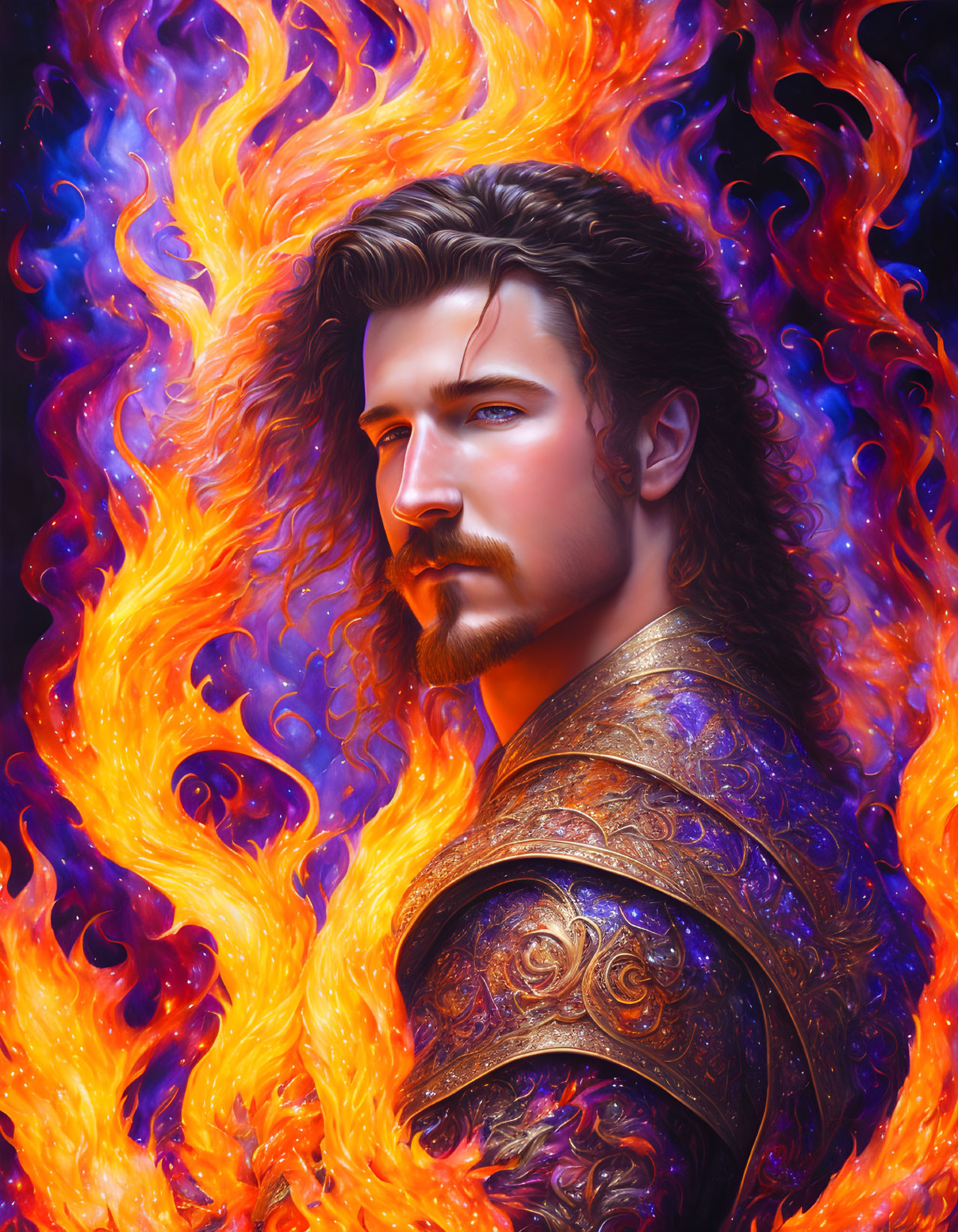 Regal man in ornate armor engulfed in fiery phoenix-like blaze