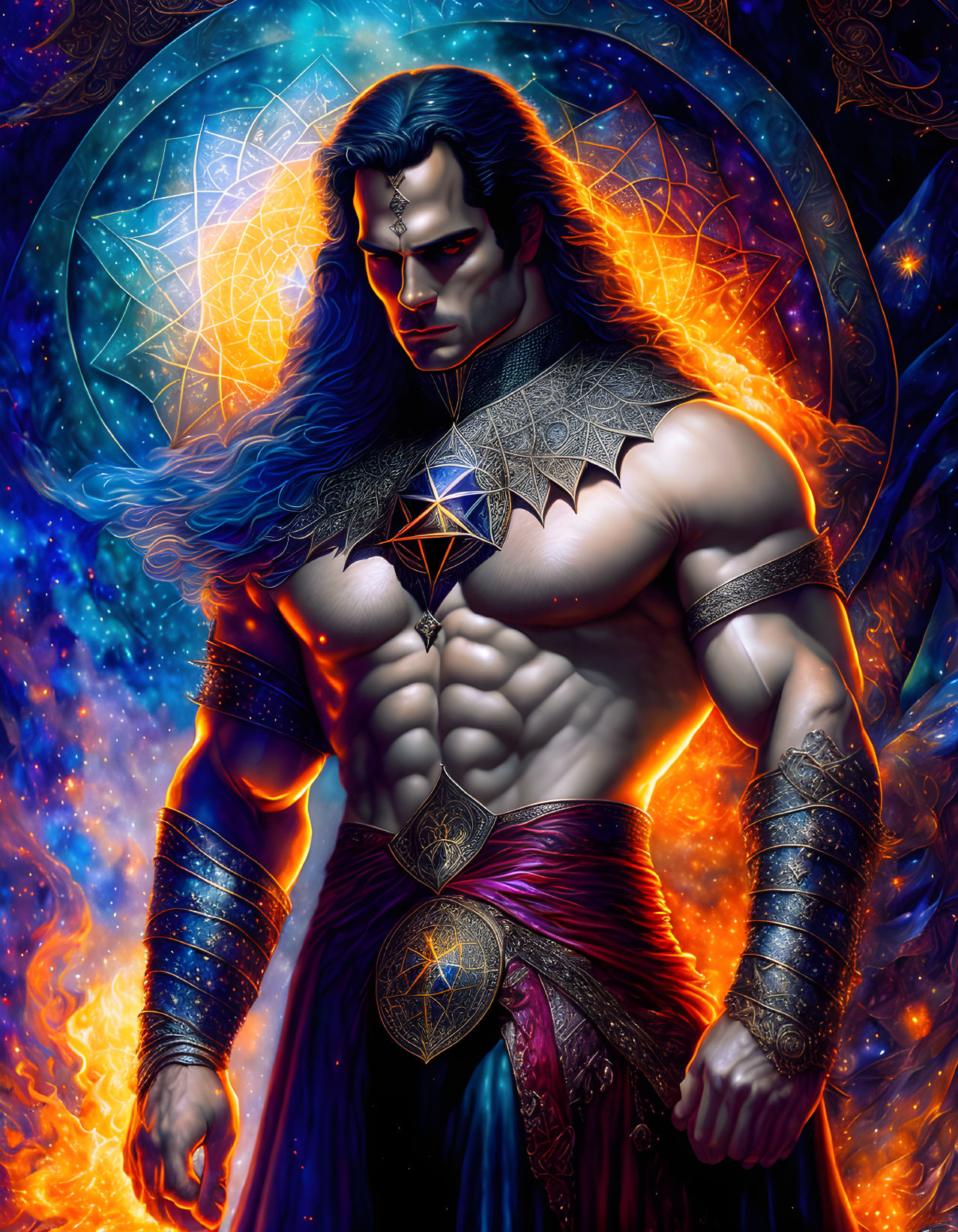 Muscular man in mystical armor with cosmic elements on starry backdrop