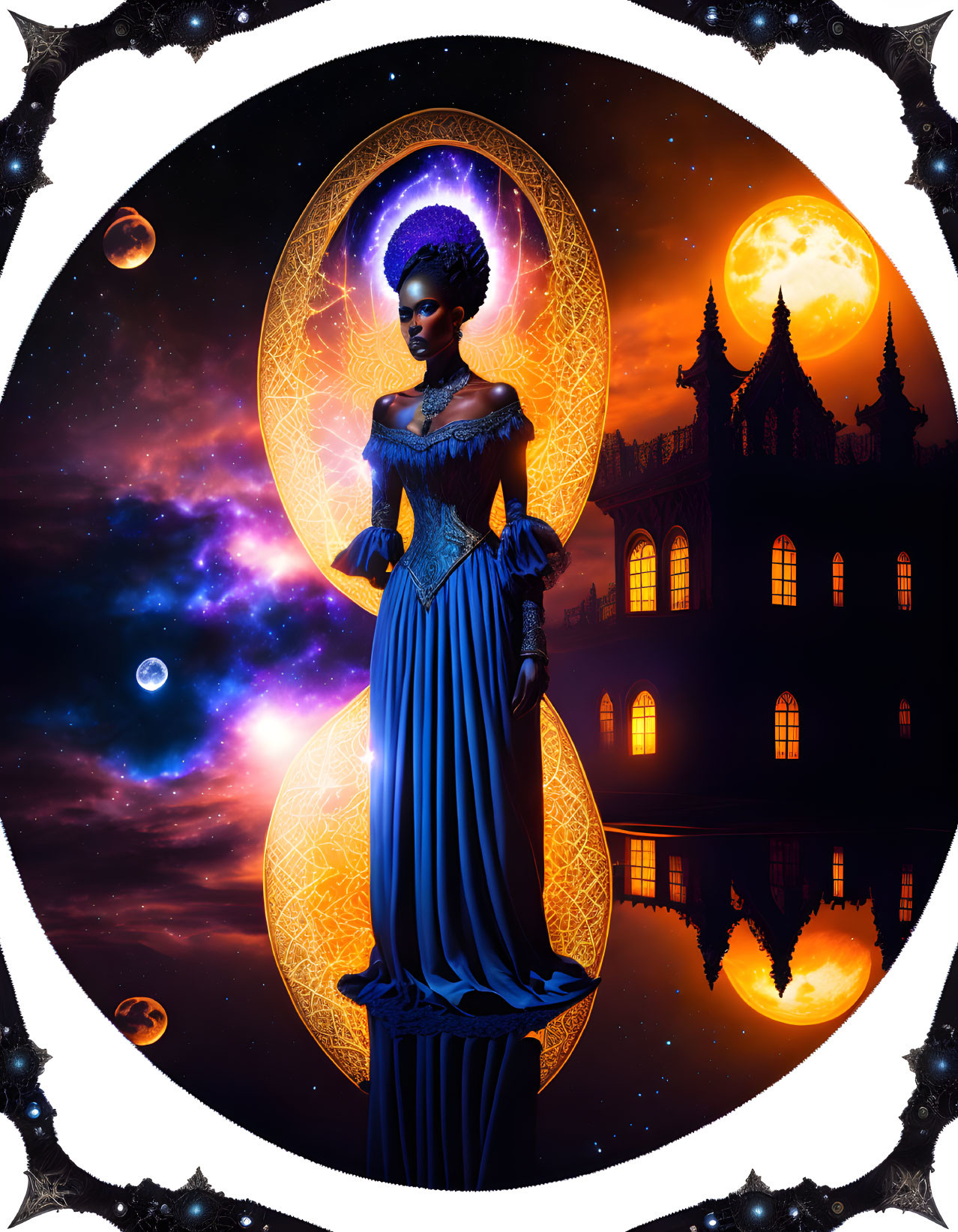 Mystical woman with cosmic aura at gothic castle under night sky