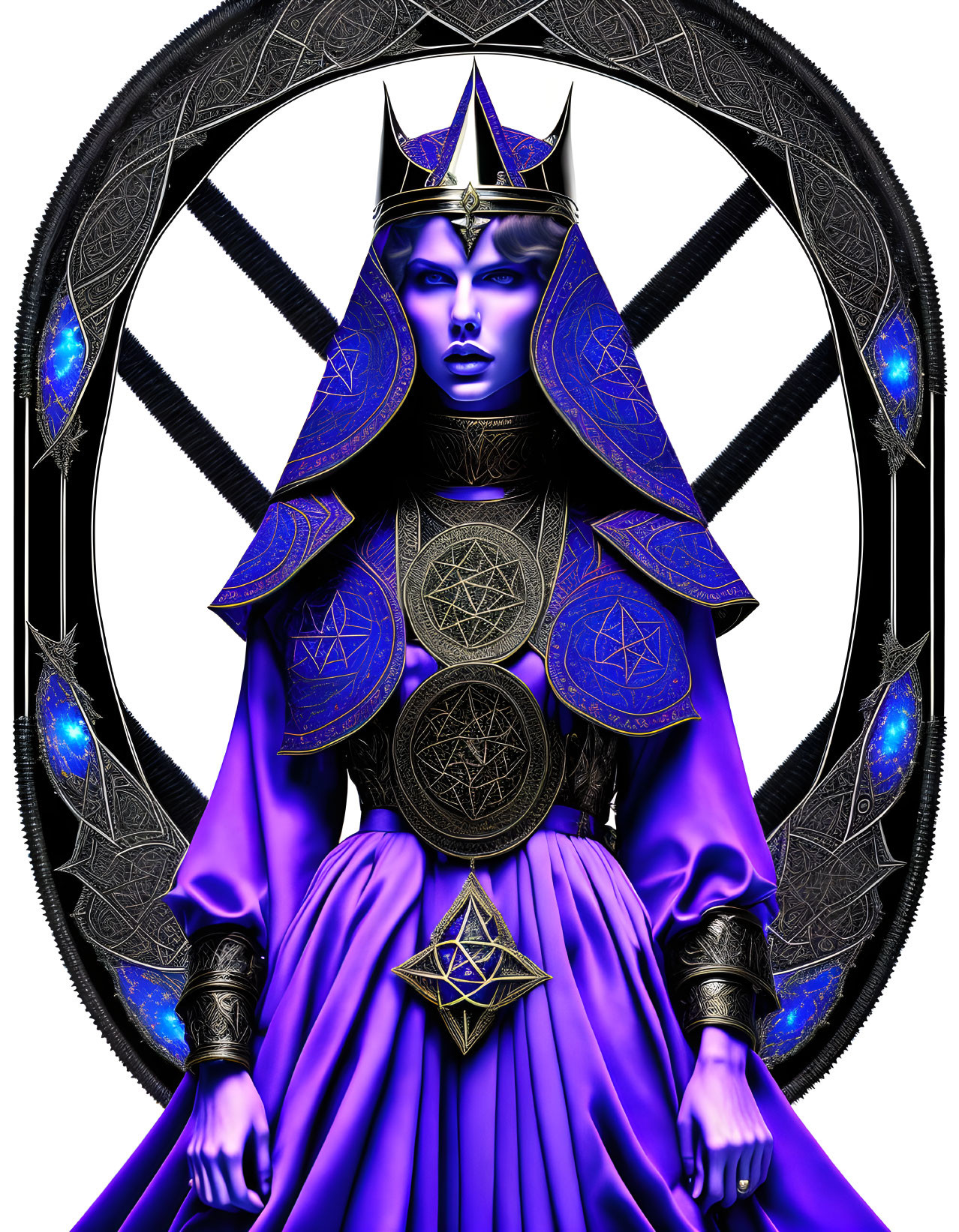 Regal figure with blue skin in purple robes and dark armor on mystical backdrop