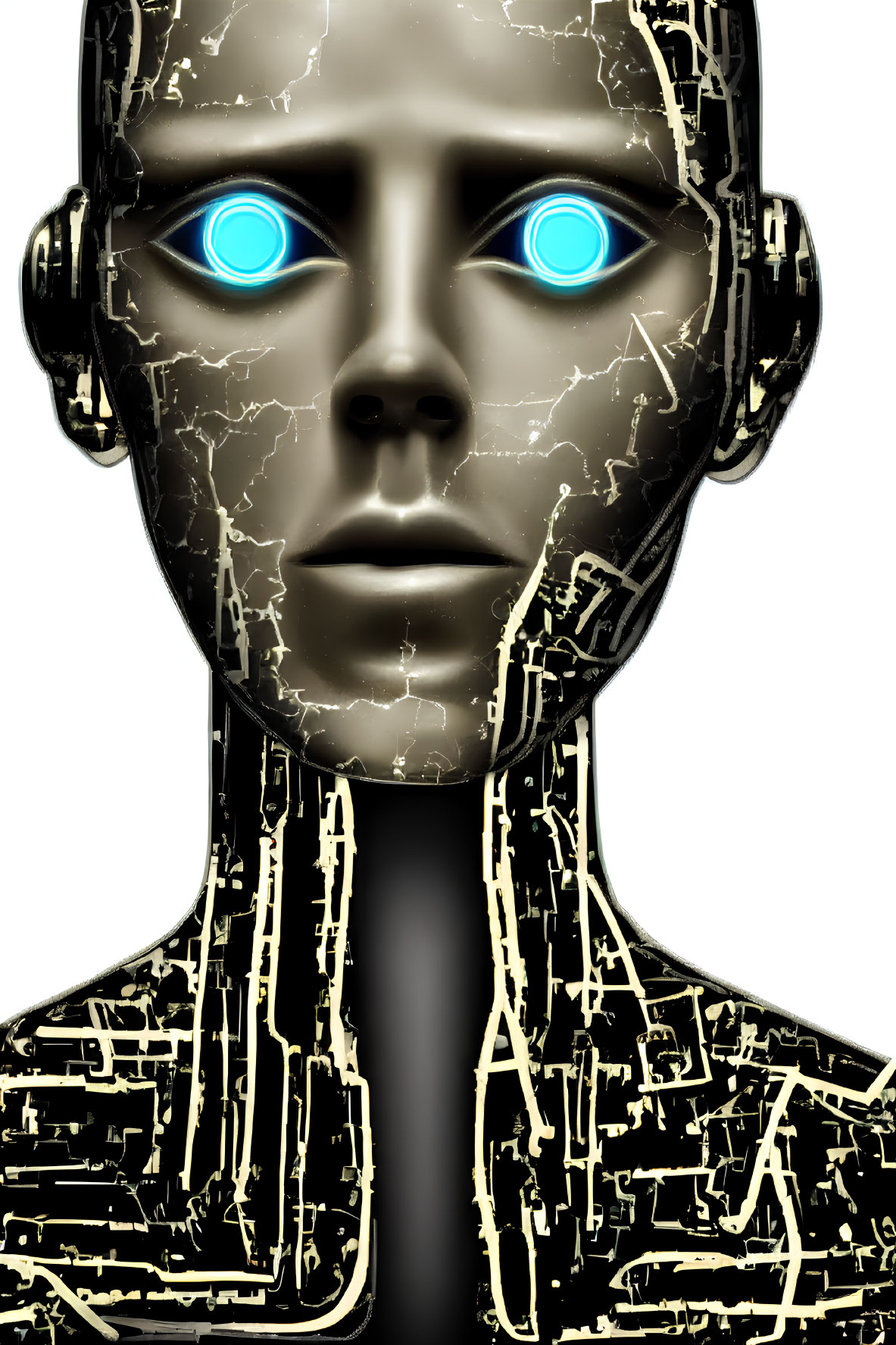 Humanoid Robot Close-Up: Black Surface, Golden Circuits, Blue Glowing Eyes