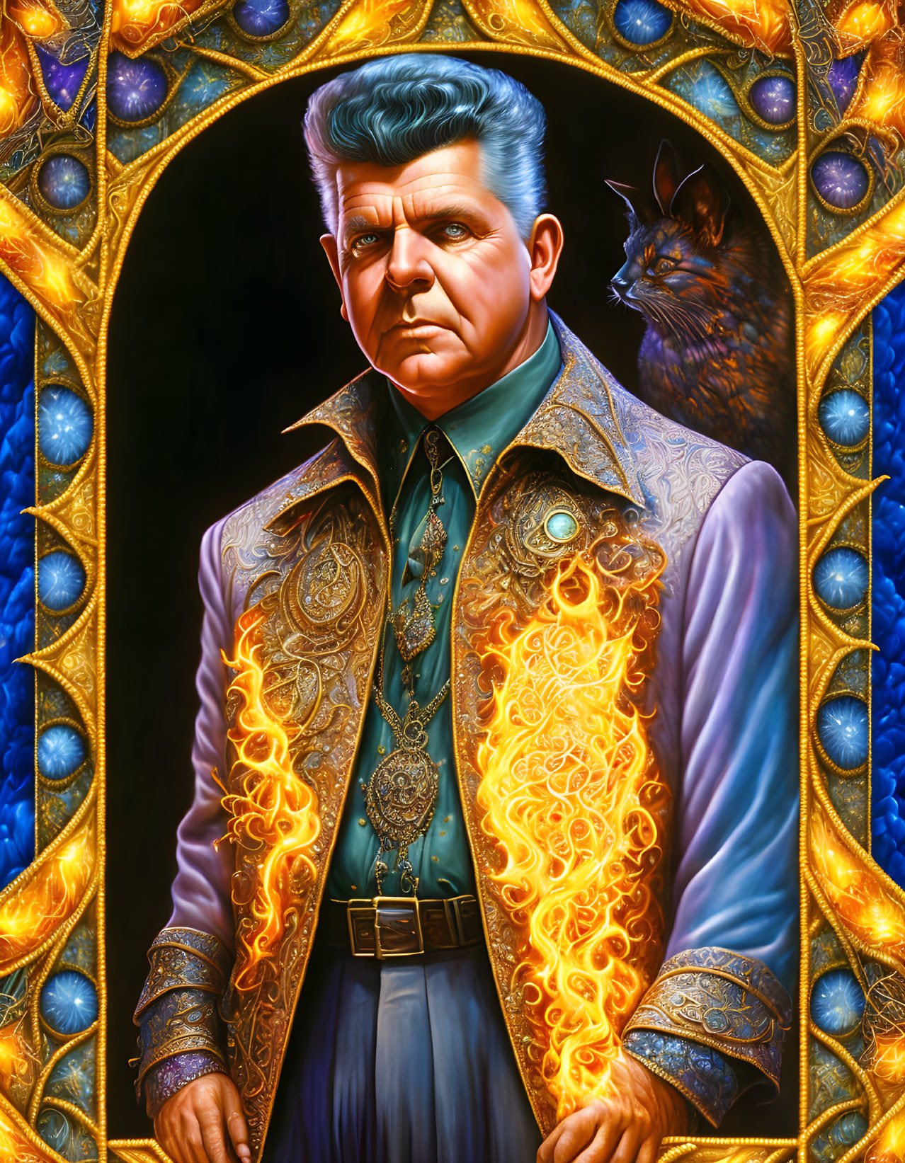 Stylized portrait of a man with fiery clothing and owl backdrop