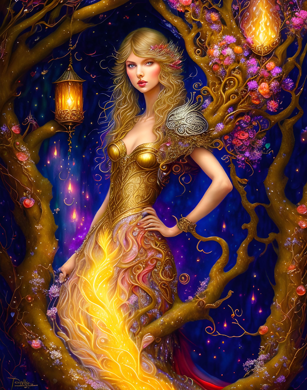 Whimsical woman in golden dress merging with enchanted tree and starlit sky