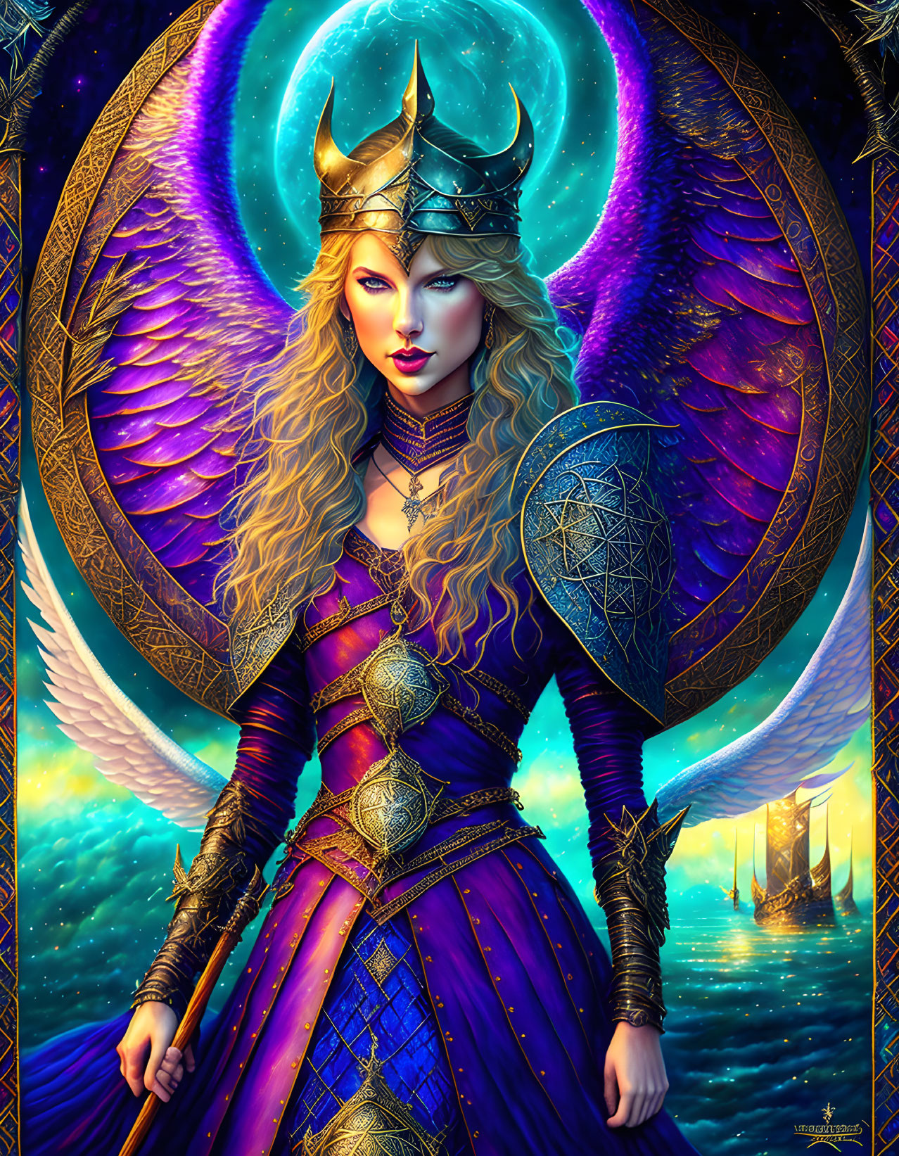 Female Warrior in Fantasy Armor with Crescent Moon and Viking Ships