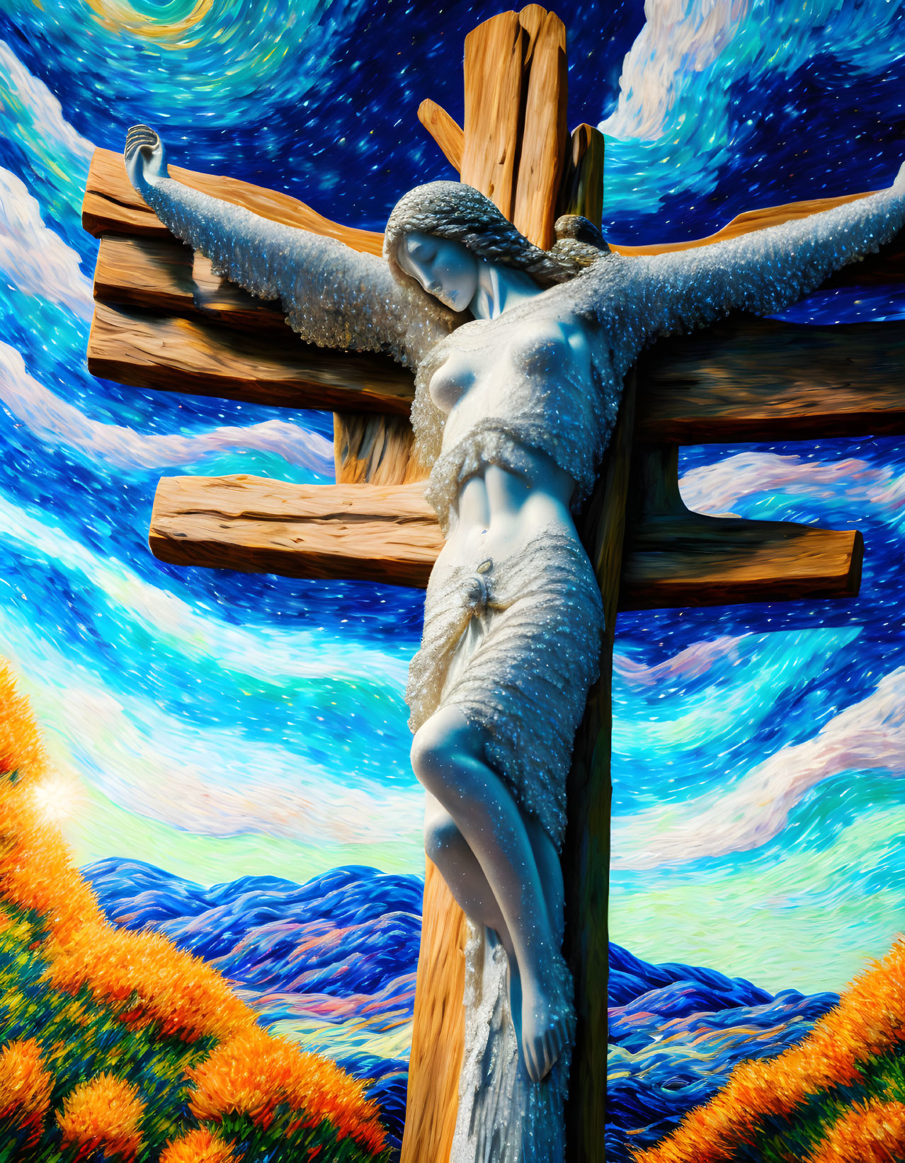 Surreal depiction of Jesus on the cross with colorful nature backdrop