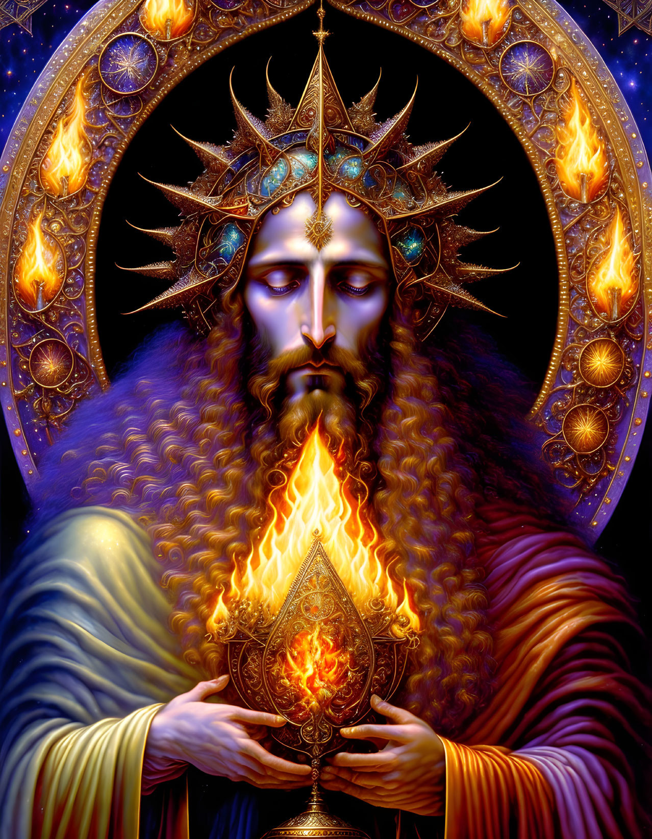 Mystical figure with fiery beard holding flaming heart in golden halo