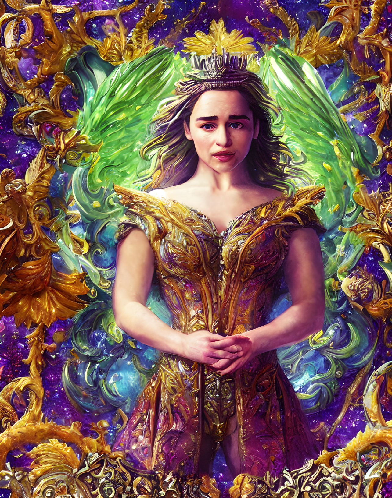 Regal woman in golden armor with crown and ethereal wings on vibrant backdrop