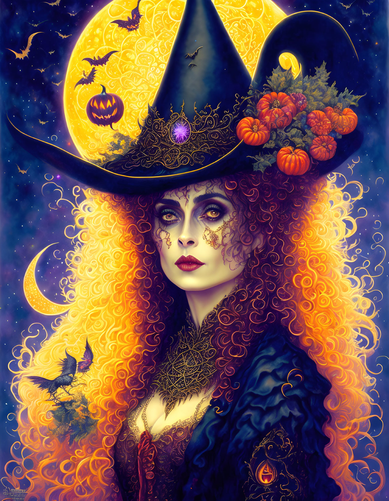 Blonde witch illustration with pumpkin hat and crow