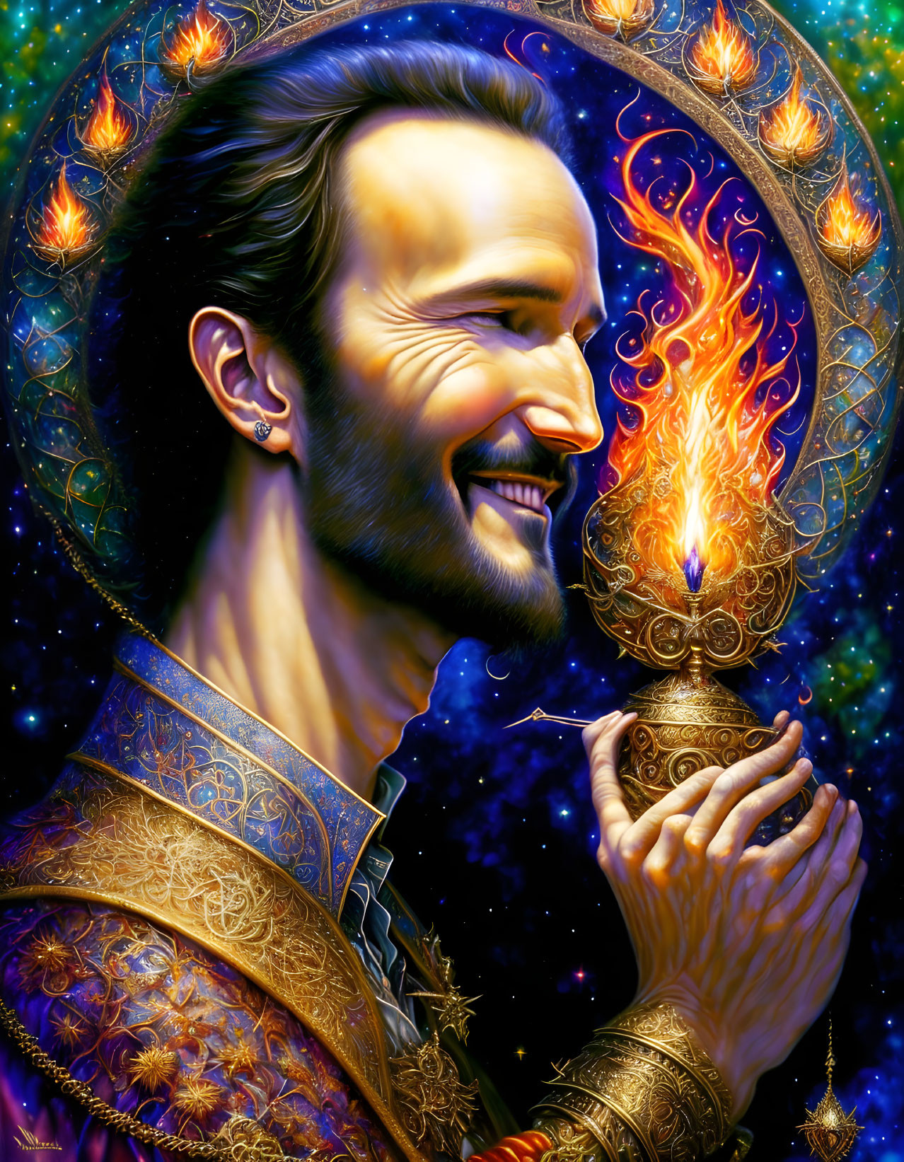 Bearded man with torch in fiery illustration