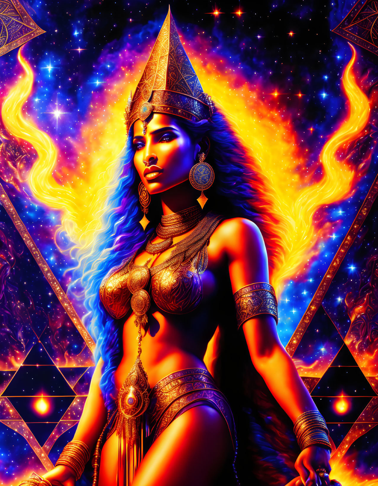 Vibrant digital artwork: Blue-skinned woman with fiery hair in golden headdress, cosmic background