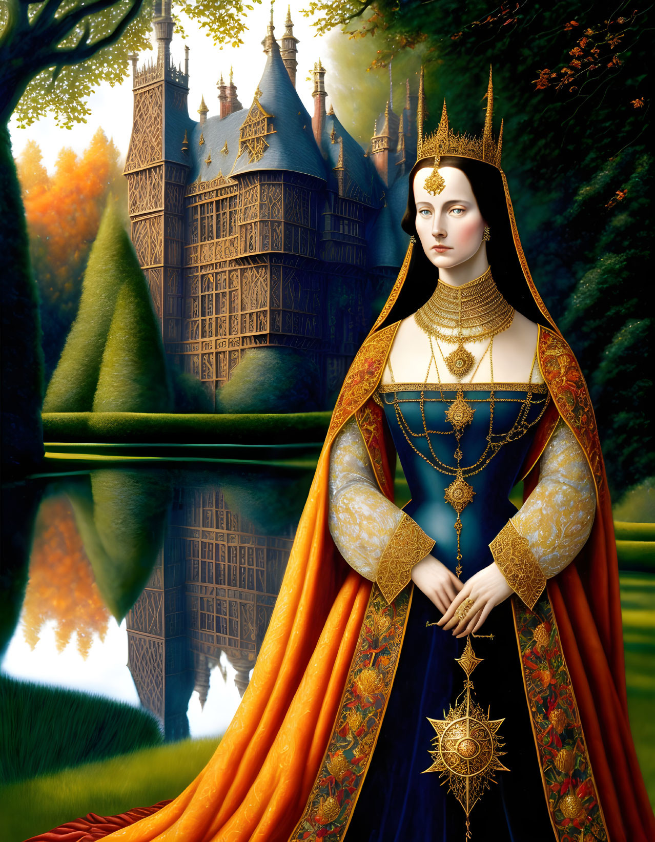 Regal woman in gold-trimmed dress by castle and lake