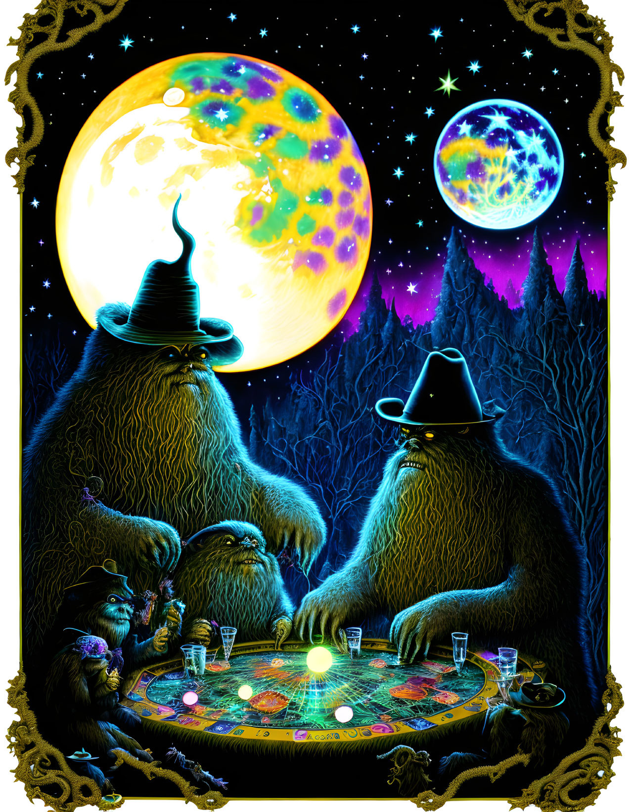 Mystical yeti-like creatures playing board game under starlit sky