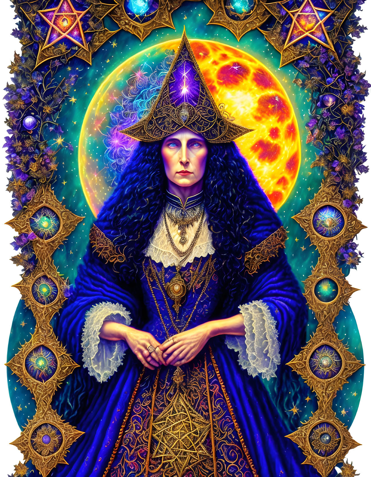 Mystical figure in ornate blue robe with celestial symbols.