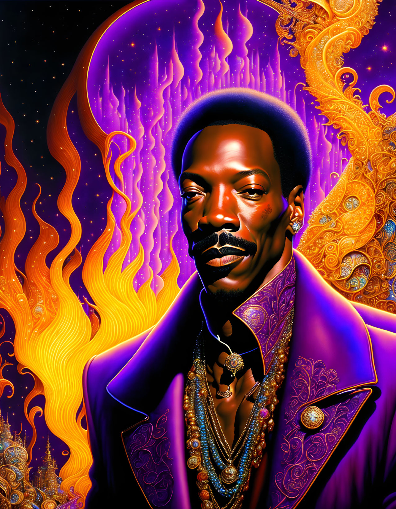 Colorful Illustration: Man in Purple Suit with Mustache in Psychedelic Setting