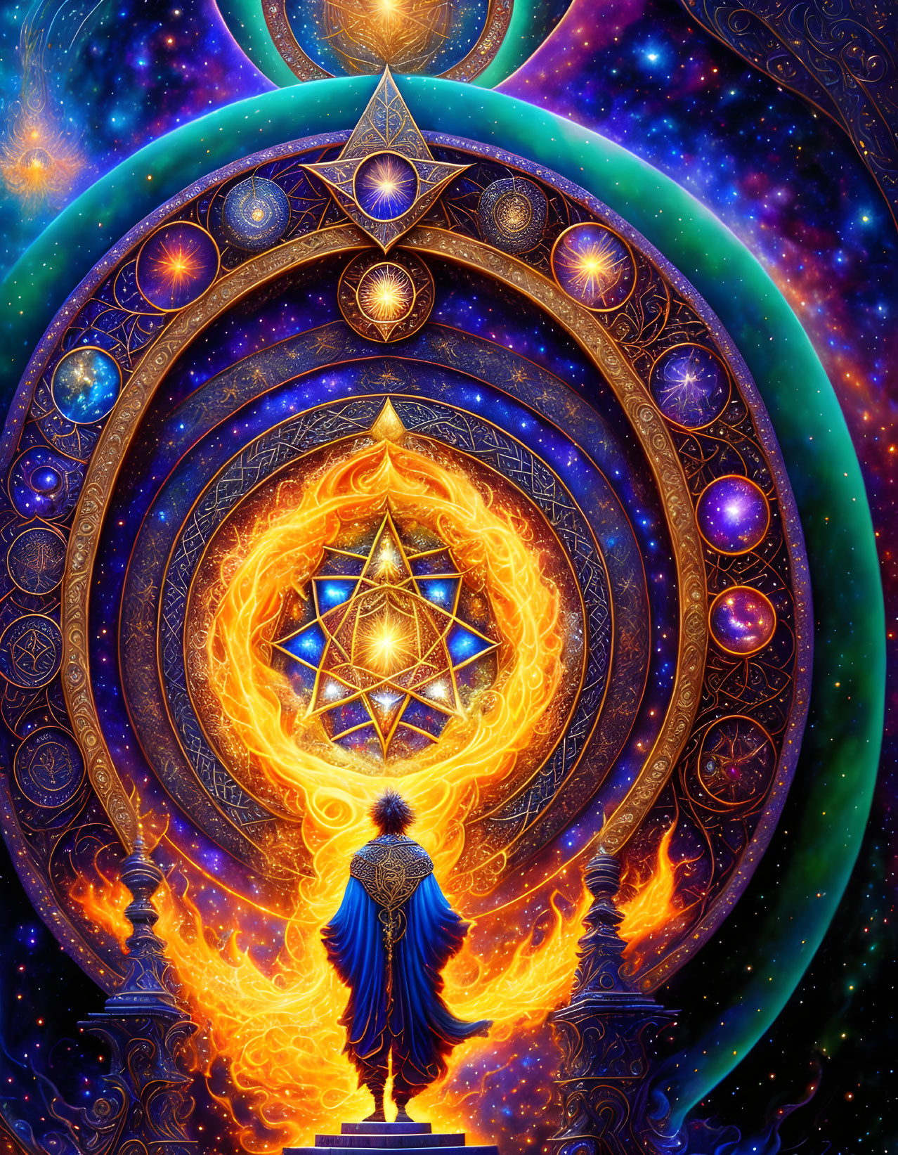 Figure in front of fiery portal with celestial orbs and symbols in cosmic setting