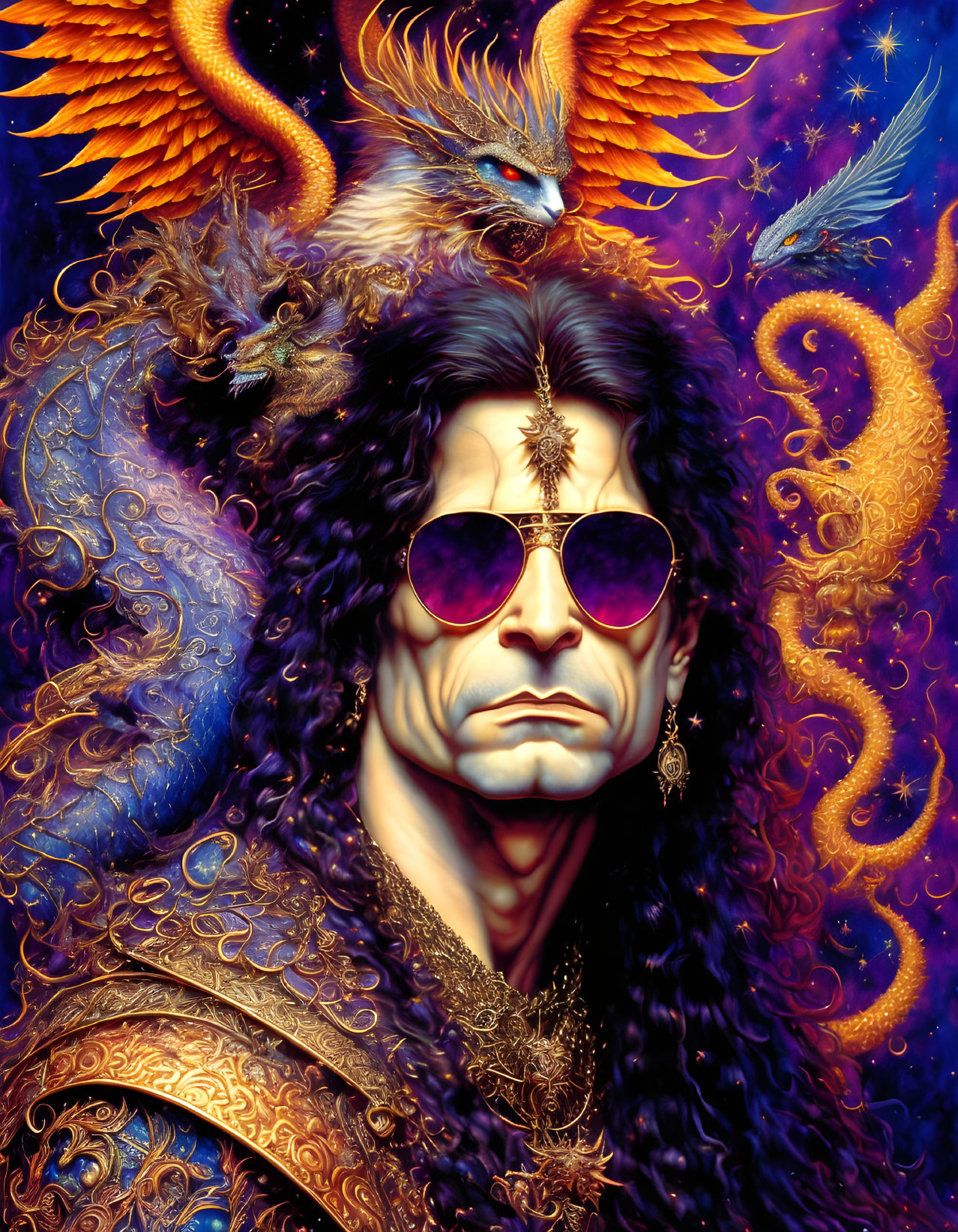 Long-haired man with sunglasses surrounded by fiery phoenix birds in cosmic setting