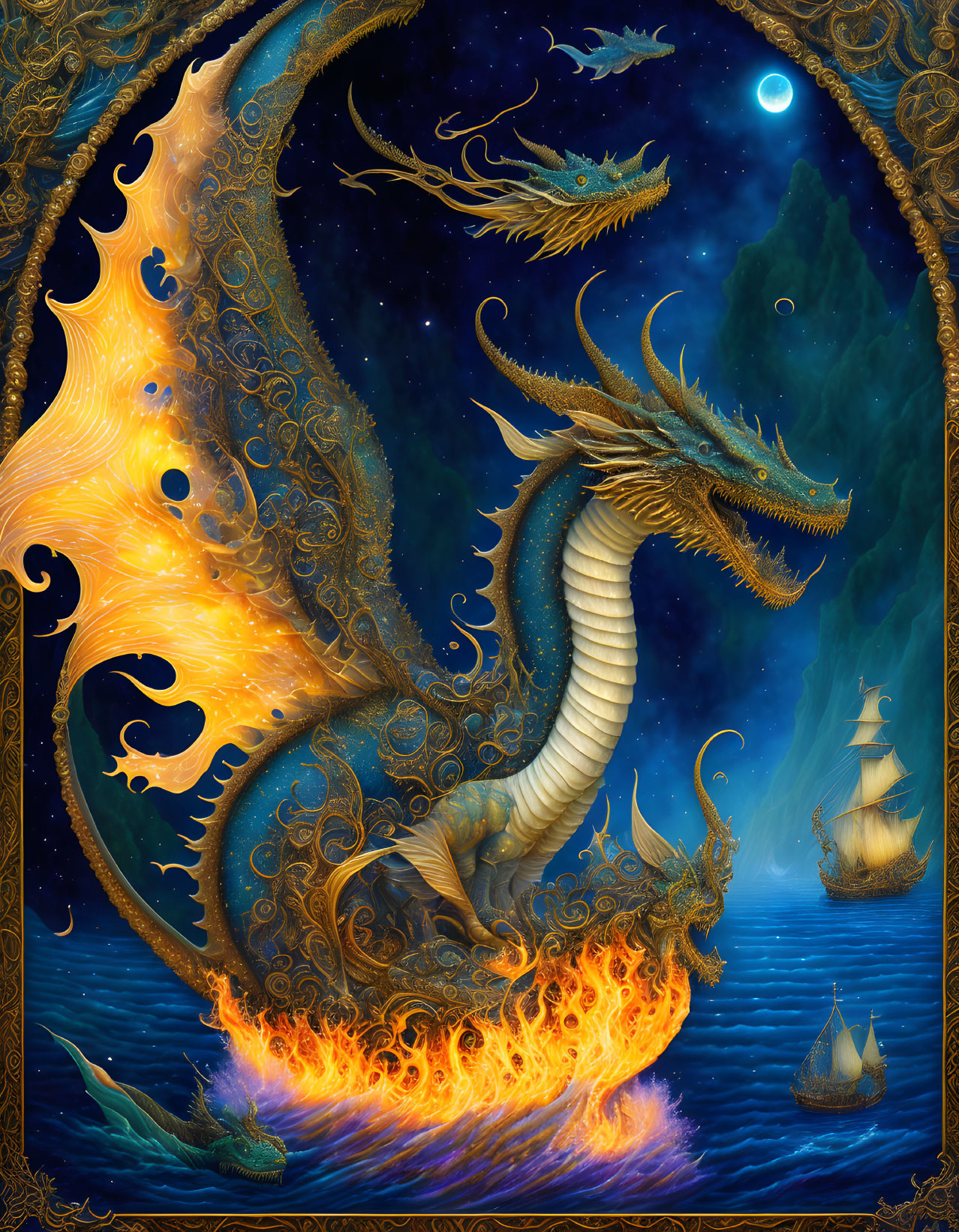 Golden dragons and celestial scene with sailing ships in a mystical illustration.