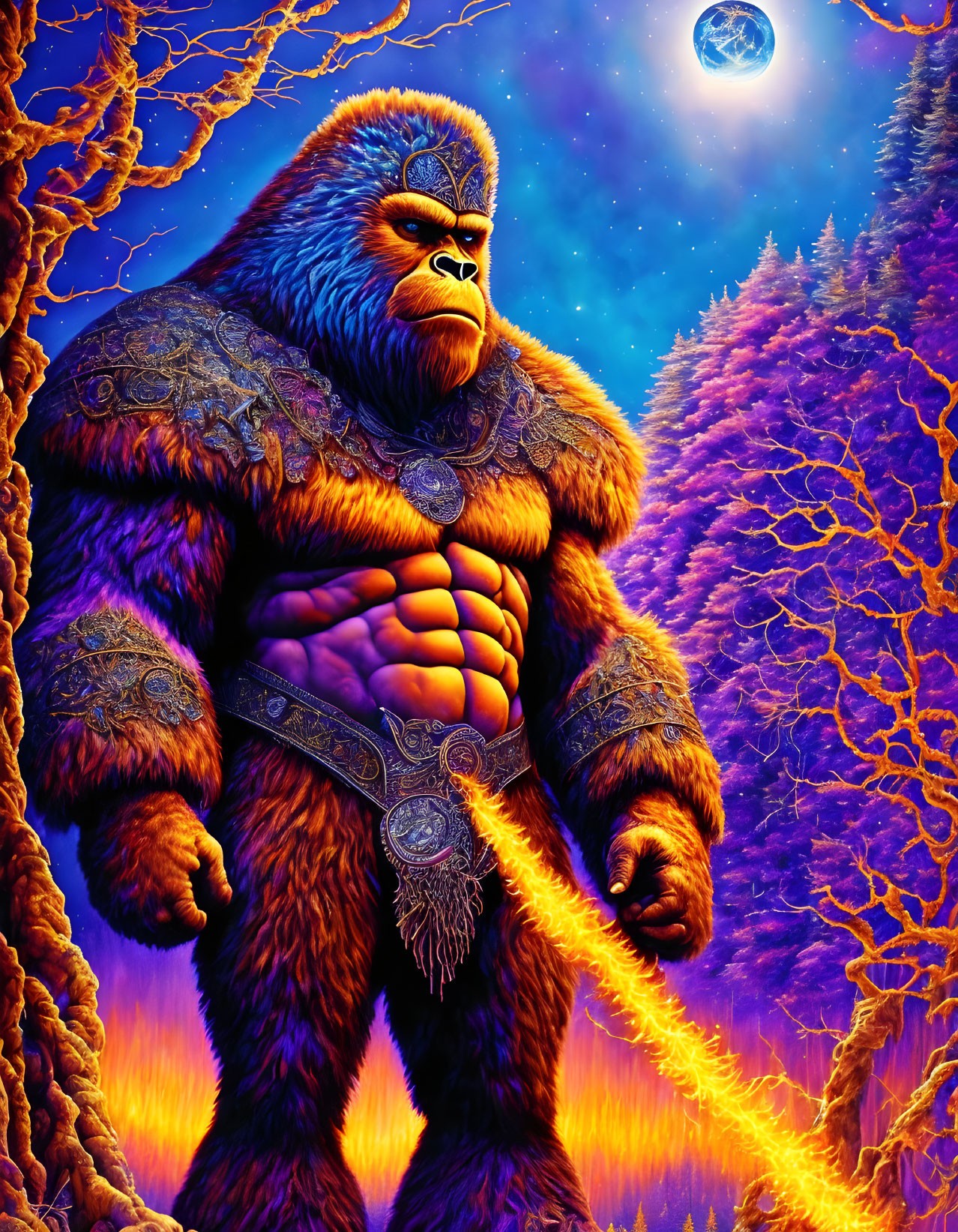 Anthropomorphic gorilla in ornate armor in mystical forest at night