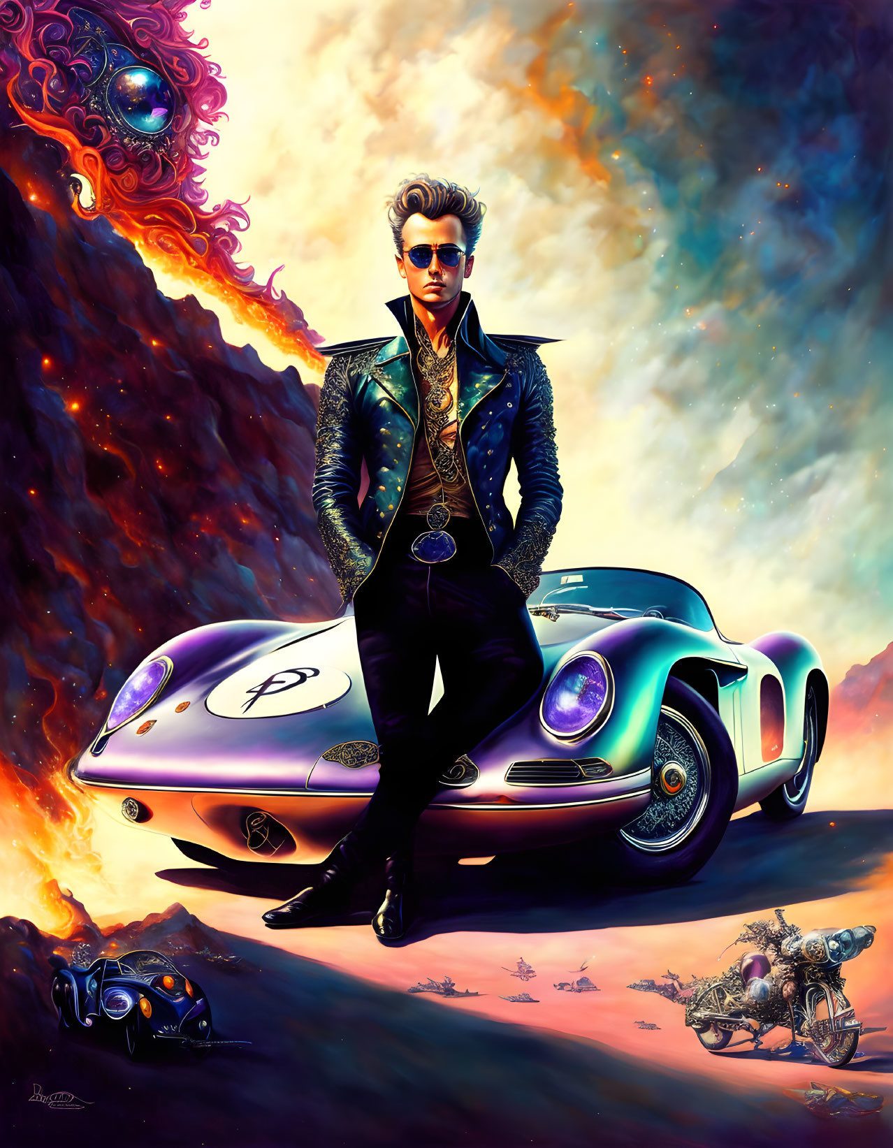 Stylish person with classic sports car under futuristic sky