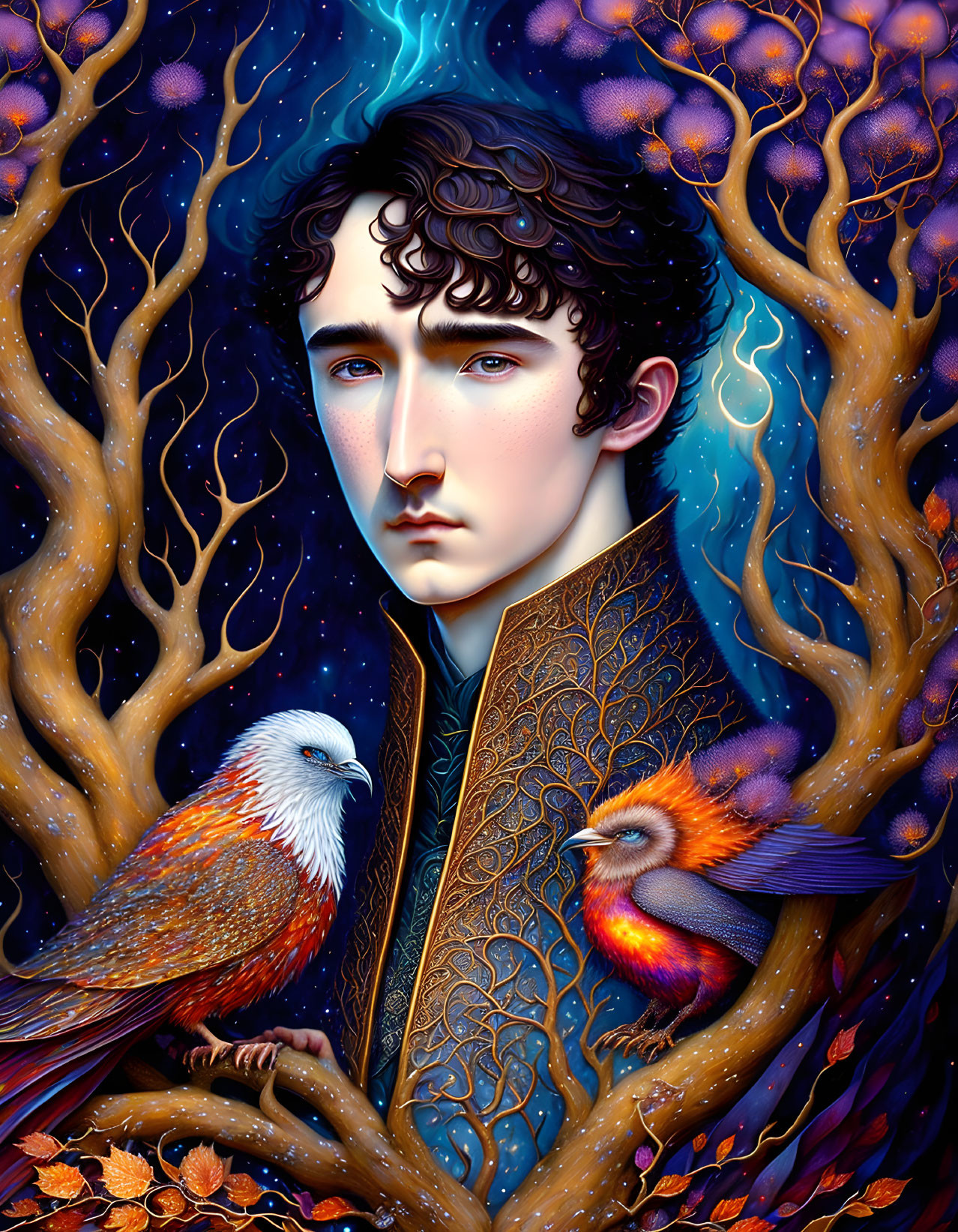 Young man with curly hair in mystical forest with birds under starry sky